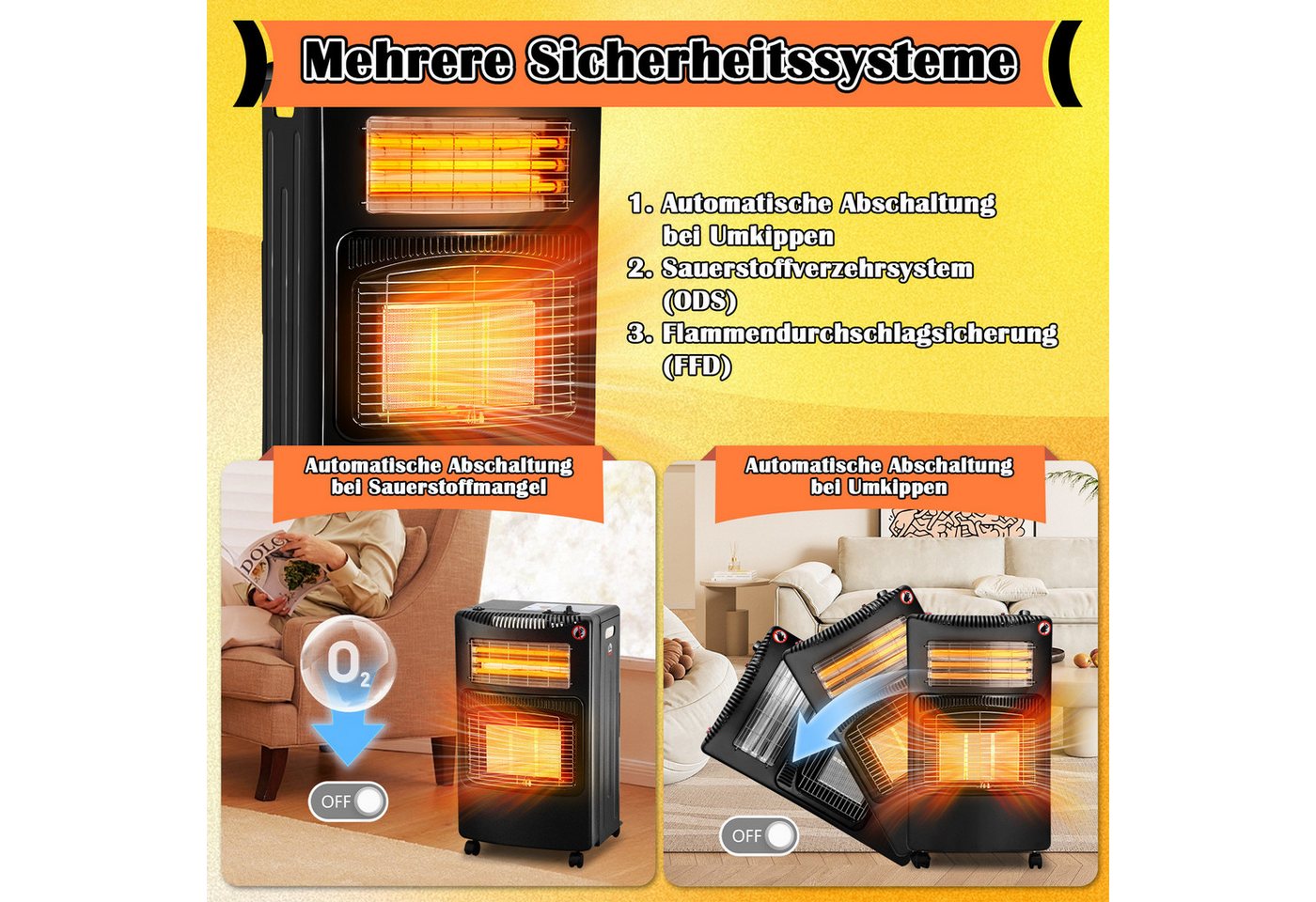 Clanmacy Heizgerät Keramik Gasheizgerät, Gas+Strom, Schwarz, 42x36x72 cm, Piezozündung, K, 4200 W Bild 5