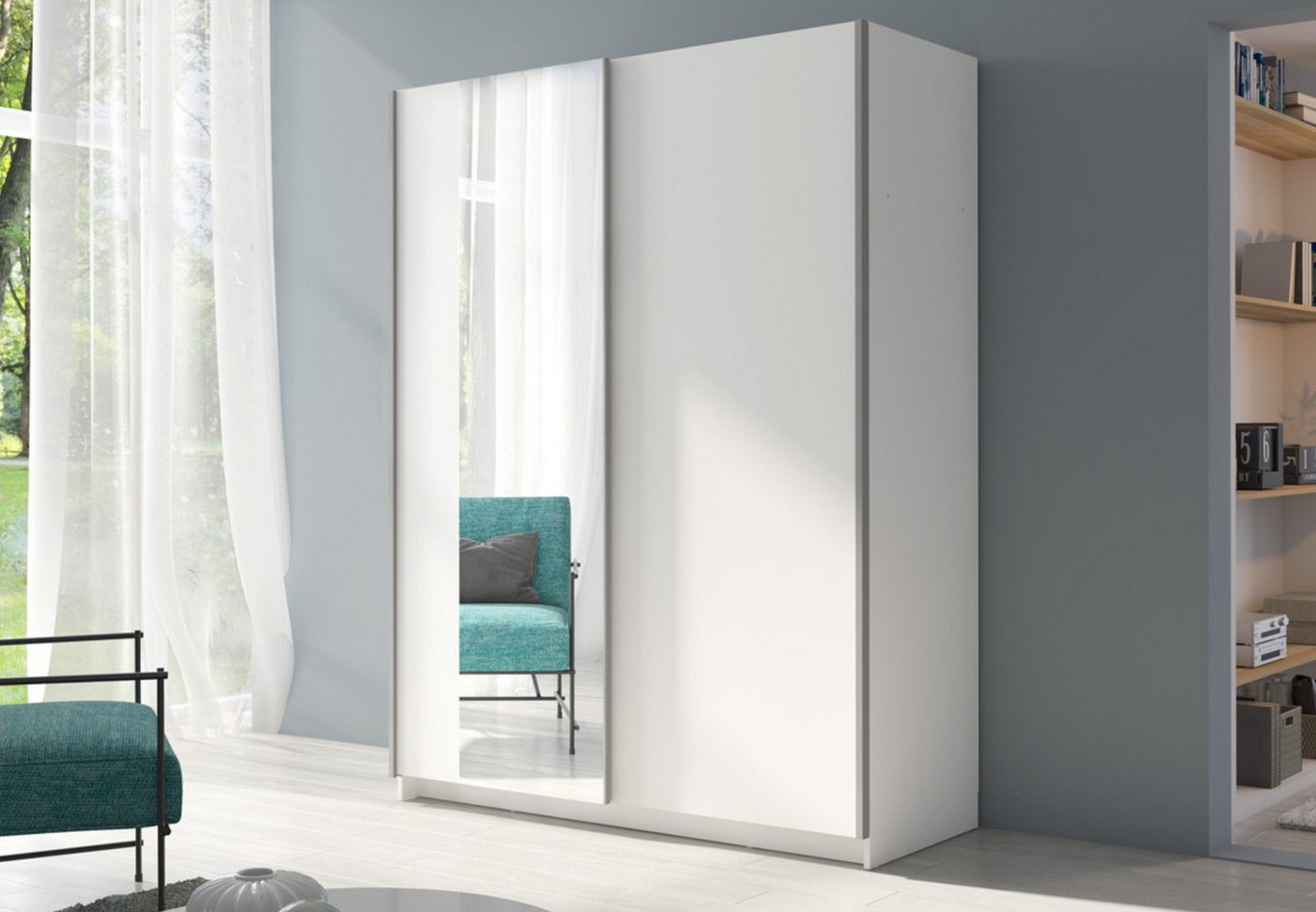 Home Collective Schwebetürenschrank Kleiderschrank Schlafzimmerschrank Schrank Garderobe, 150 oder 180 cm (mit einseitigem Spiegel an der linken Schiebetür) 4 Böden & Kleiderstange für viel Stauraum Weiß 150 cm Breite Bild 4