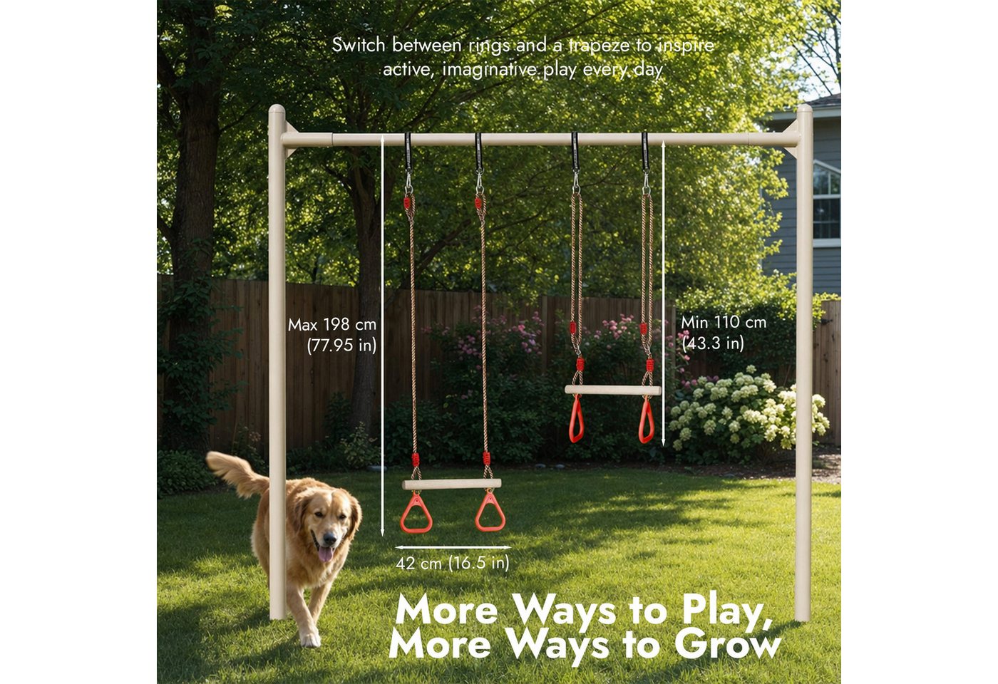 Goodevas Babyschaukelsitz Trapezstange mit Turnringen für Kinder – Holz-Schaukel, Höhenverstellbar 110–198 cm, für drinnen & draußen, einfache Montage Bild 2