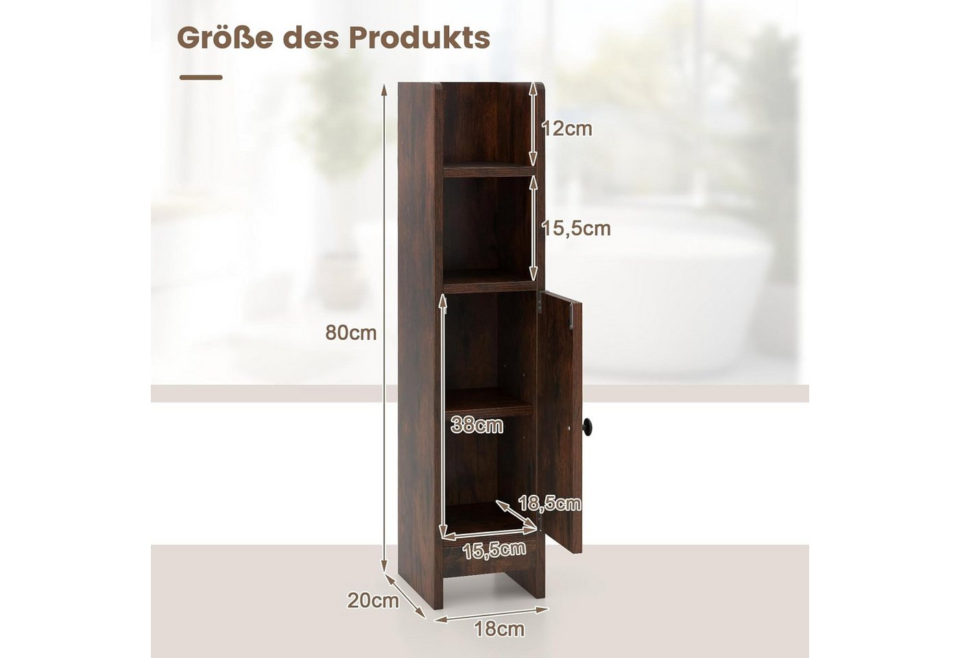 KOMFOTTEU Badregal Badezimmerschrank, Badschrank mit 3-stufig verstellbarem Regal Bild 2
