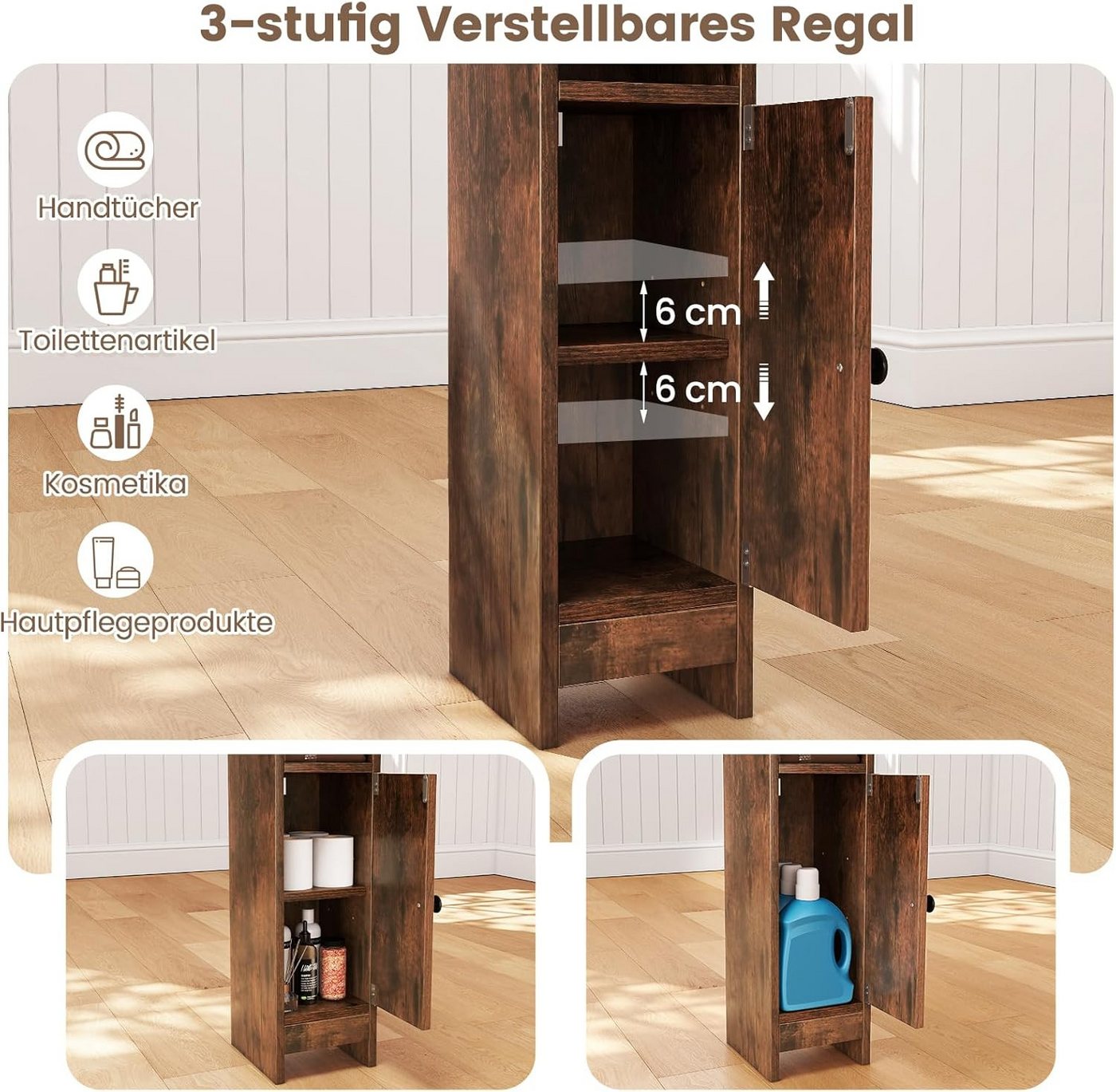 KOMFOTTEU Badregal Badezimmerschrank, Badschrank mit 3-stufig verstellbarem Regal Bild 4