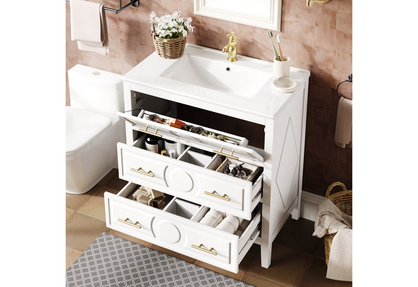 Flieks Waschtisch Badezimmerschrank mit 1 Klappen, 2 Schubladen und goldener Metallgriff (B81/T46,5/H86,5 cm, 1-St., bodenstehend Badschrank Waschplatz), Waschbeckenunterschrank mit Keramikwaschbecken Badmöbel-Set Weiß