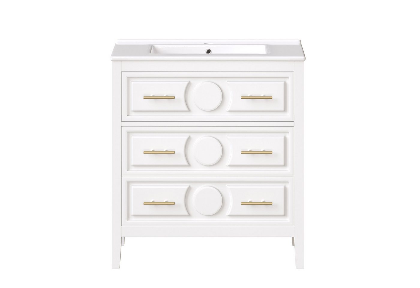 Flieks Waschtisch Badezimmerschrank mit 1 Klappen, 2 Schubladen und goldener Metallgriff (B81/T46,5/H86,5 cm, 1-St., bodenstehend Badschrank Waschplatz), Waschbeckenunterschrank mit Keramikwaschbecken Badmöbel-Set Weiß Bild 2
