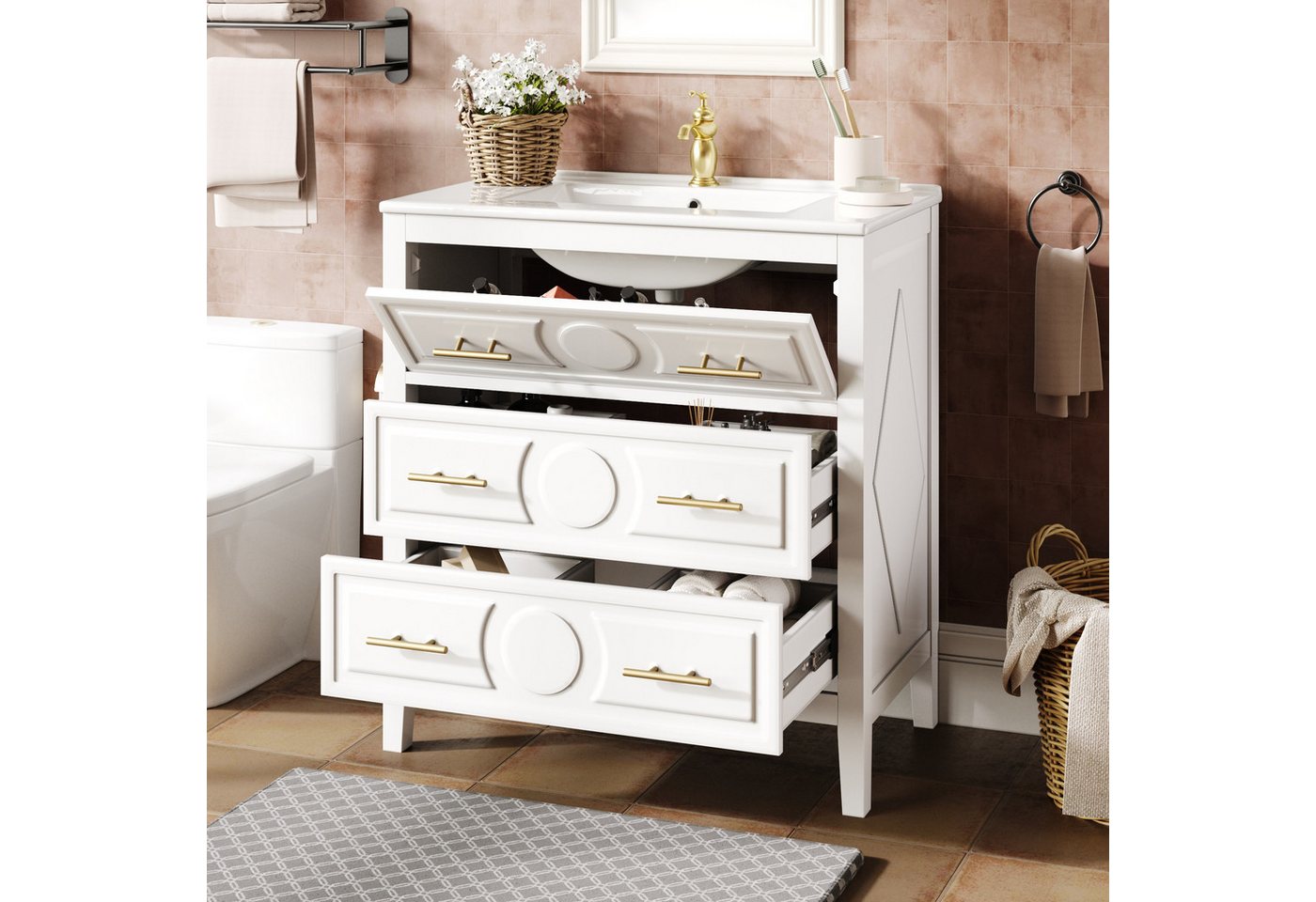 Flieks Waschtisch Badezimmerschrank mit 1 Klappen, 2 Schubladen und goldener Metallgriff (B81/T46,5/H86,5 cm, 1-St., bodenstehend Badschrank Waschplatz), Waschbeckenunterschrank mit Keramikwaschbecken Badmöbel-Set Weiß Bild 3