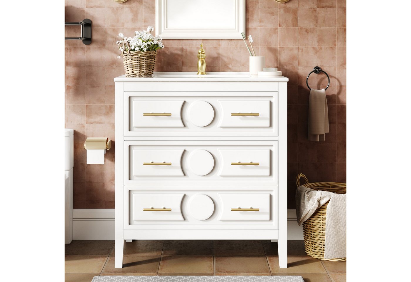 Flieks Waschtisch Badezimmerschrank mit 1 Klappen, 2 Schubladen und goldener Metallgriff (B81/T46,5/H86,5 cm, 1-St., bodenstehend Badschrank Waschplatz), Waschbeckenunterschrank mit Keramikwaschbecken Badmöbel-Set Weiß Bild 4