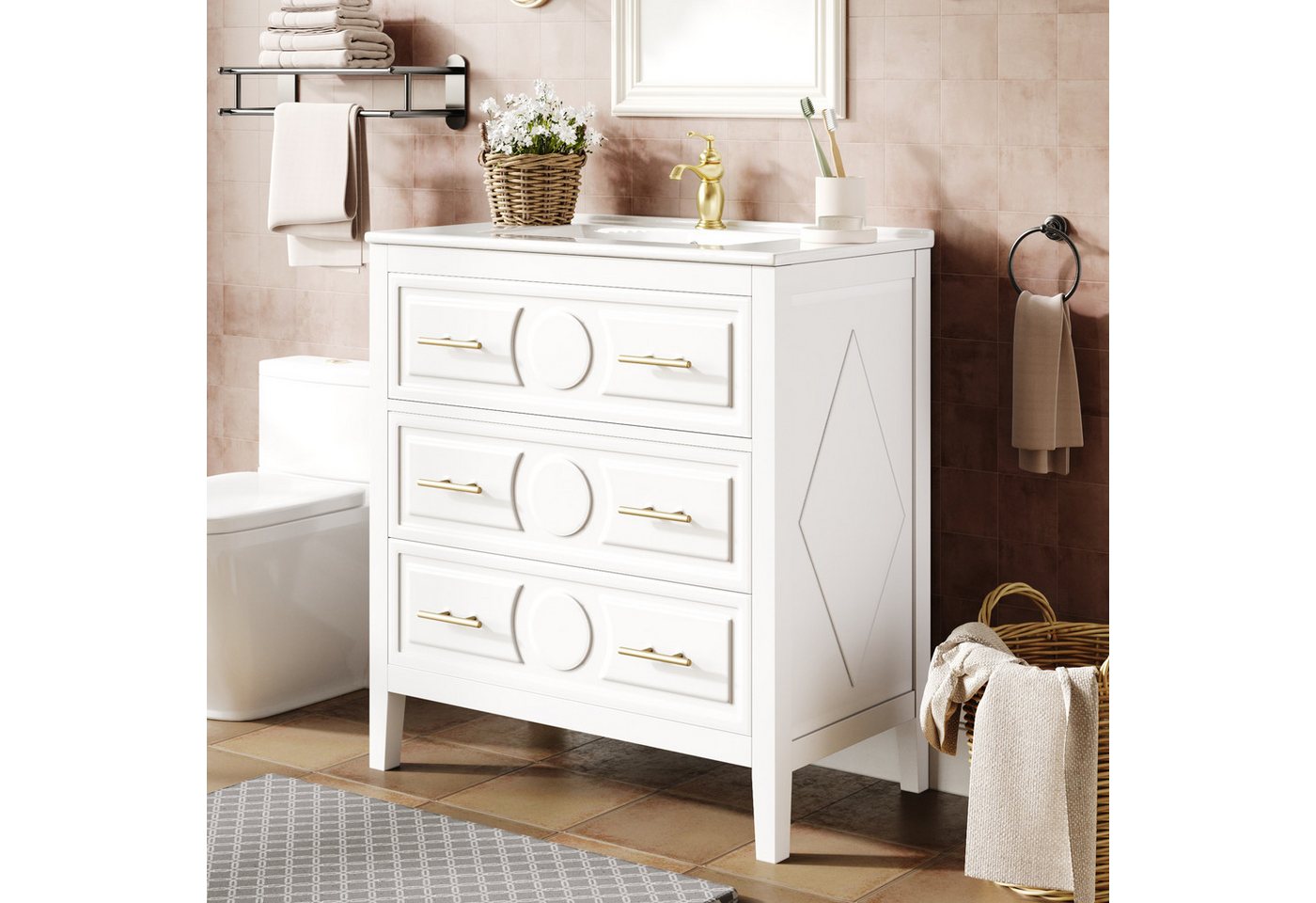 Flieks Waschtisch Badezimmerschrank mit 1 Klappen, 2 Schubladen und goldener Metallgriff (B81/T46,5/H86,5 cm, 1-St., bodenstehend Badschrank Waschplatz), Waschbeckenunterschrank mit Keramikwaschbecken Badmöbel-Set Weiß Bild 5