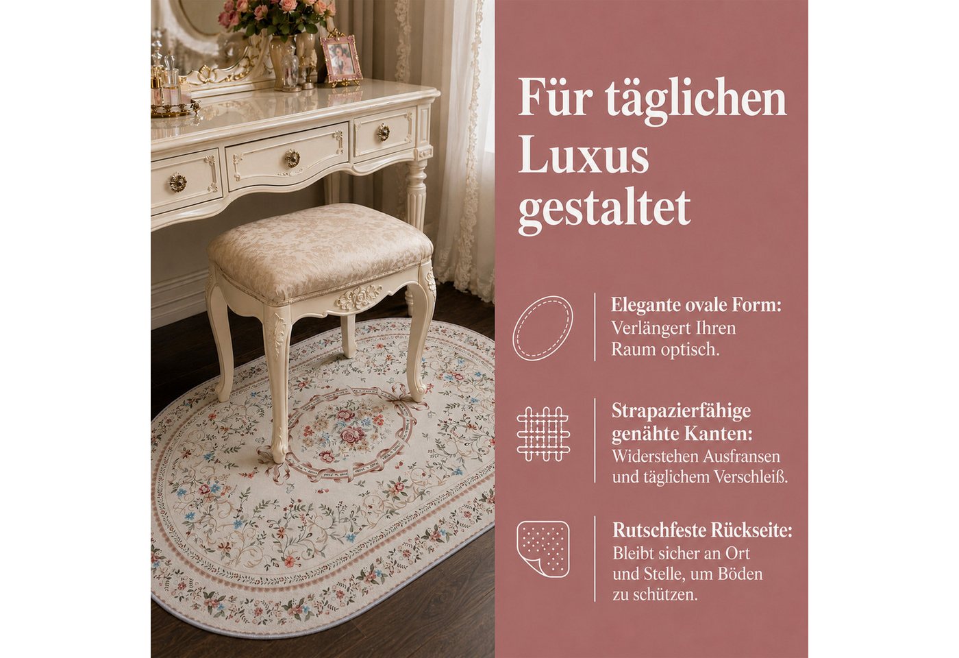 Youyijia Teppich Samtteppich Oval 227x160cm, Vintage Blumenteppich Wohnzimmer Bild 3