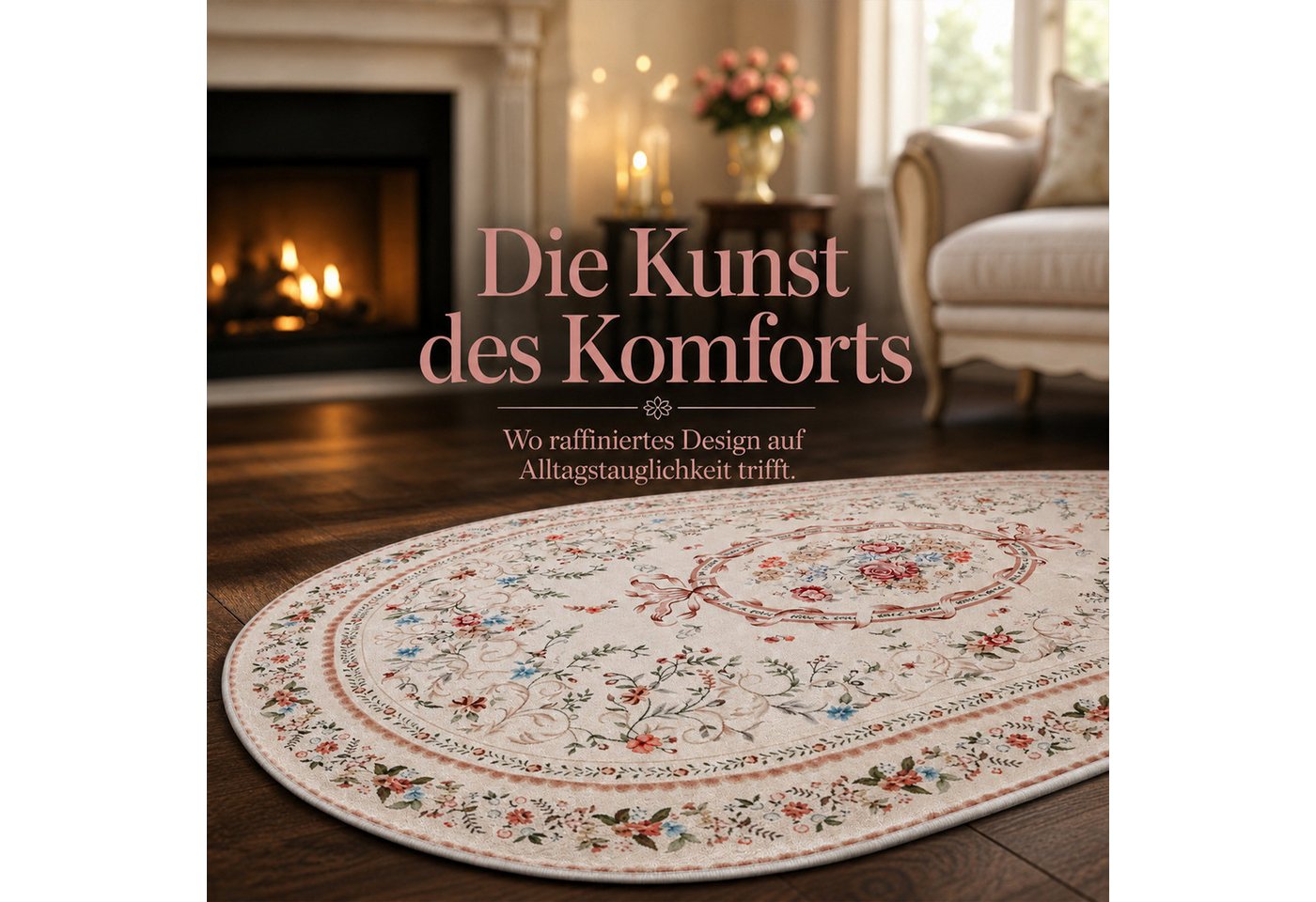 Youyijia Teppich Samtteppich Oval 227x160cm, Vintage Blumenteppich Wohnzimmer Bild 4