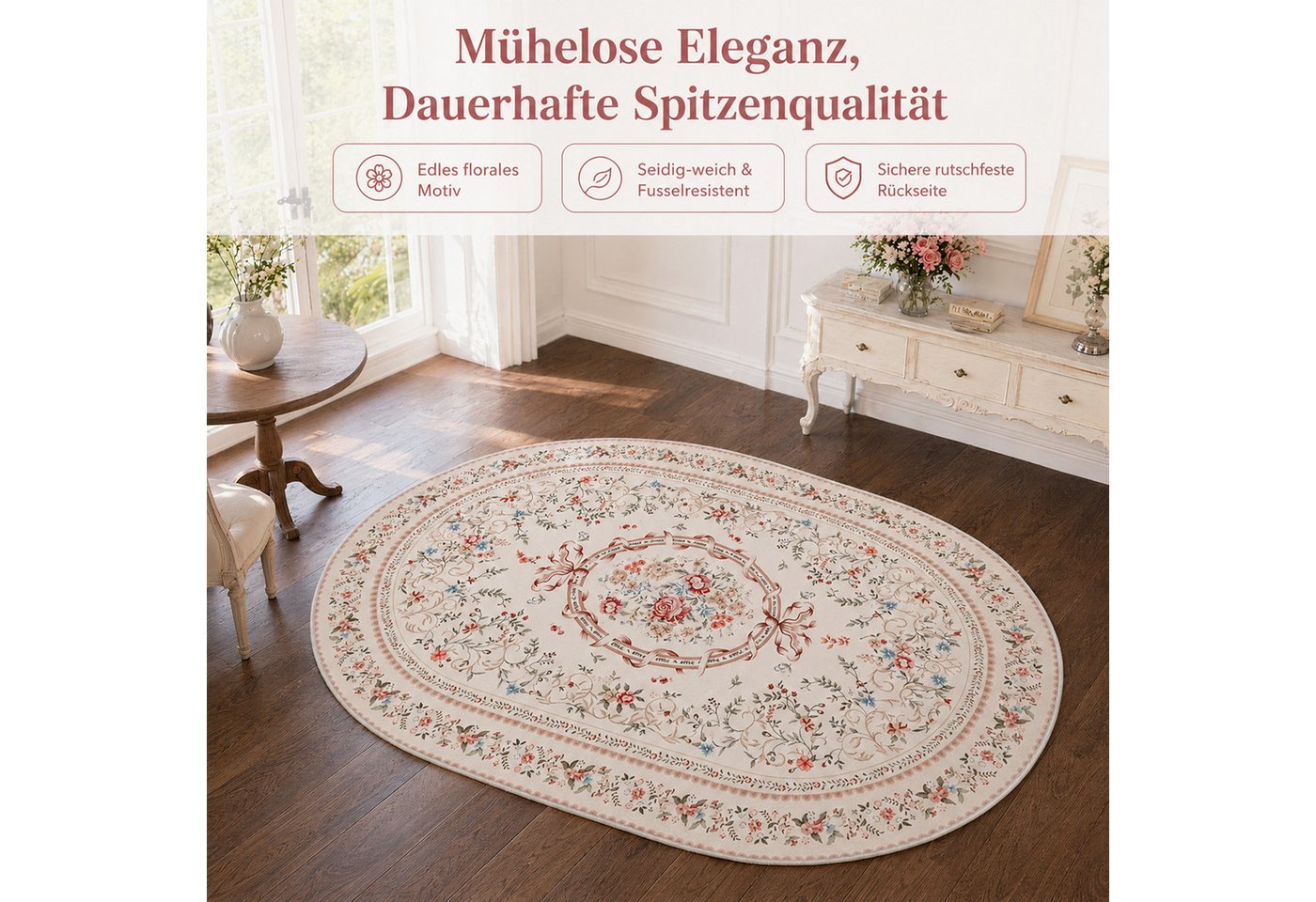 Youyijia Teppich Samtteppich Oval 227x160cm, Vintage Blumenteppich Wohnzimmer Bild 5
