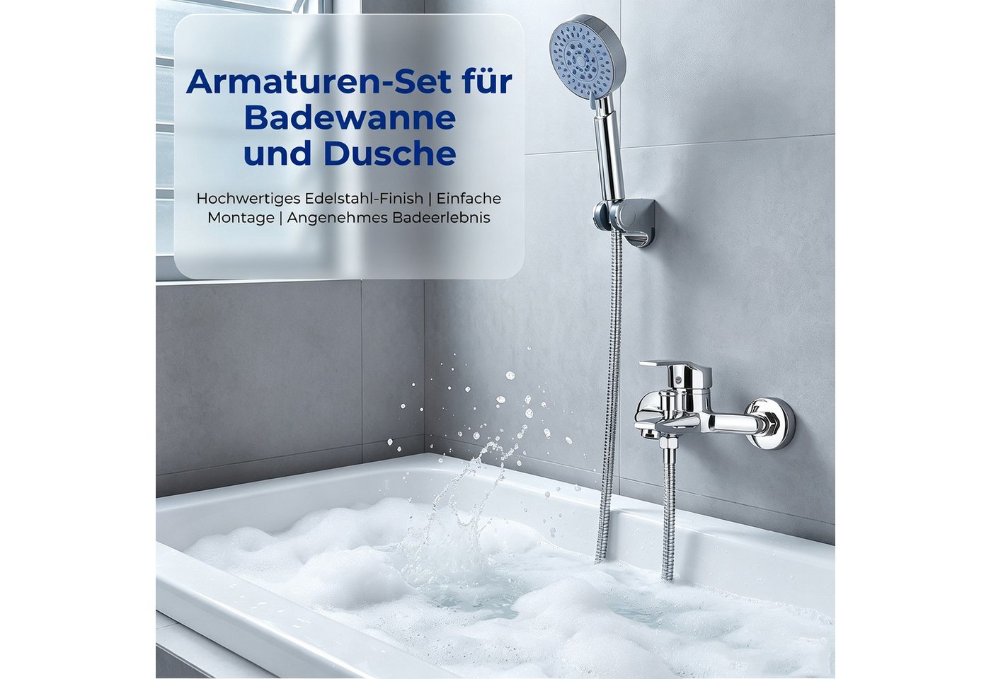 AKKEE Wannenarmatur Badewannenarmatur mit Handbrause Badewannen Amaturen Set 5 Funktionen Messing Duscharmatur Wasserhahn, Edelstahl, Chrom