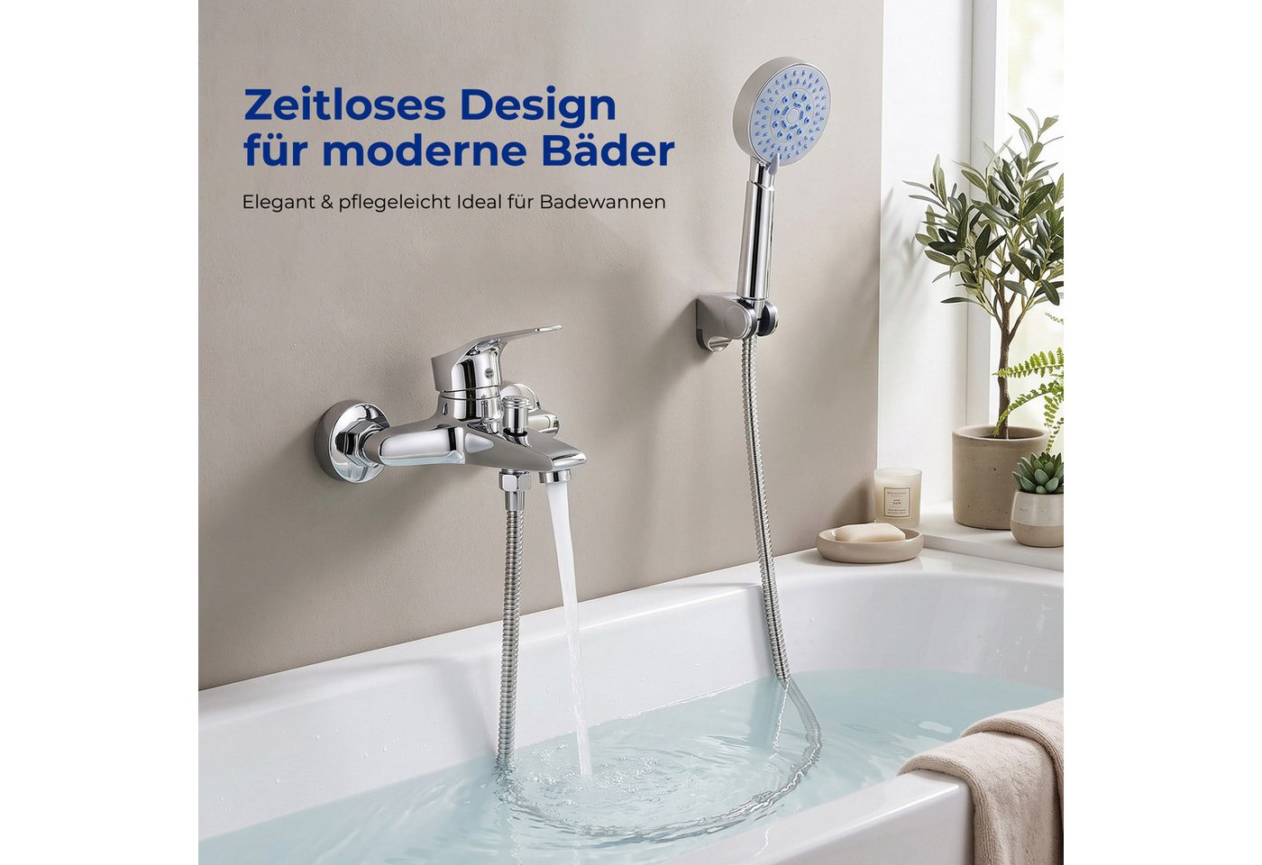 AKKEE Wannenarmatur Badewannenarmatur mit Handbrause Badewannen Amaturen Set 5 Funktionen Messing Duscharmatur Wasserhahn, Edelstahl, Chrom Bild 2