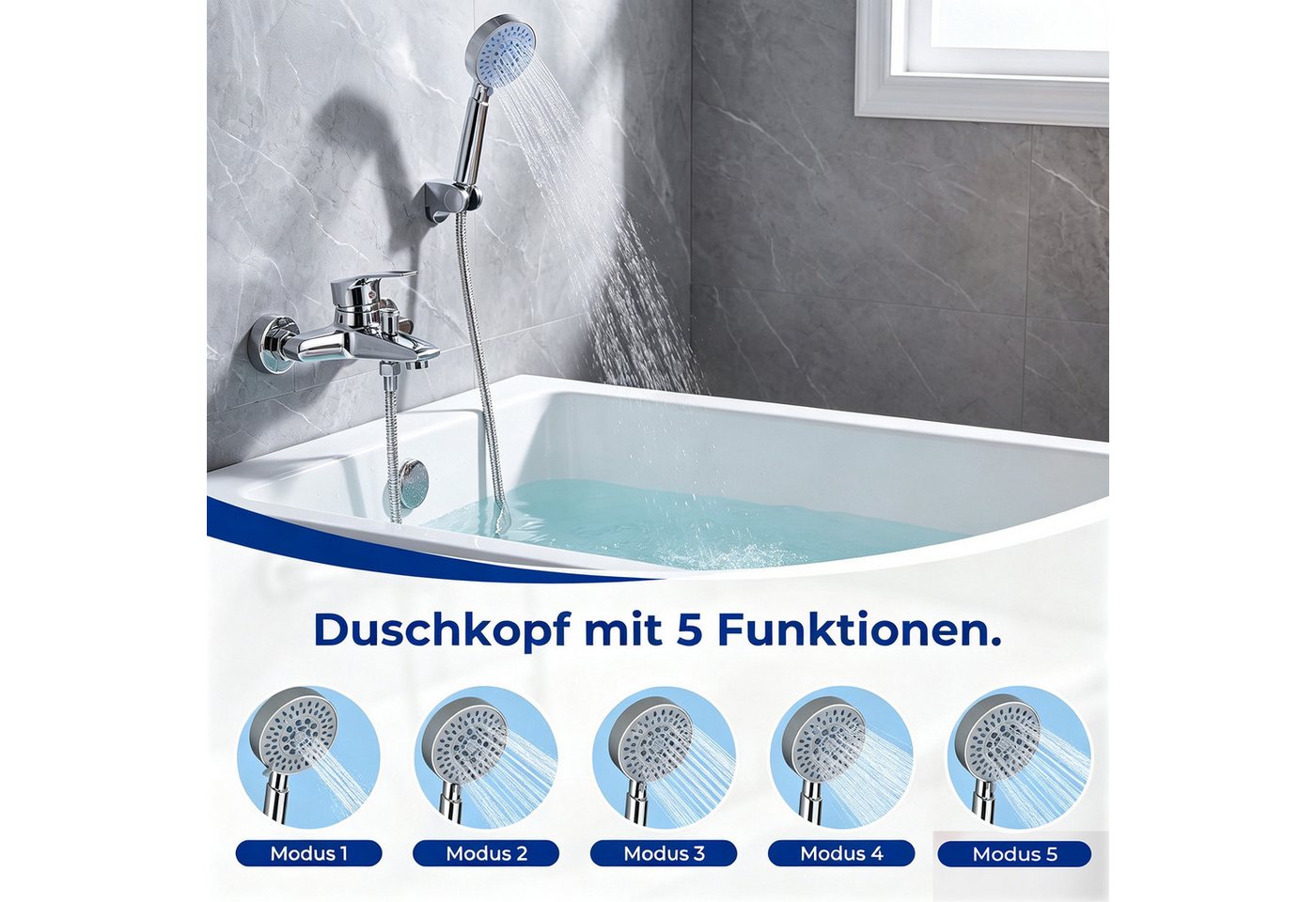 AKKEE Wannenarmatur Badewannenarmatur mit Handbrause Badewannen Amaturen Set 5 Funktionen Messing Duscharmatur Wasserhahn, Edelstahl, Chrom Bild 3
