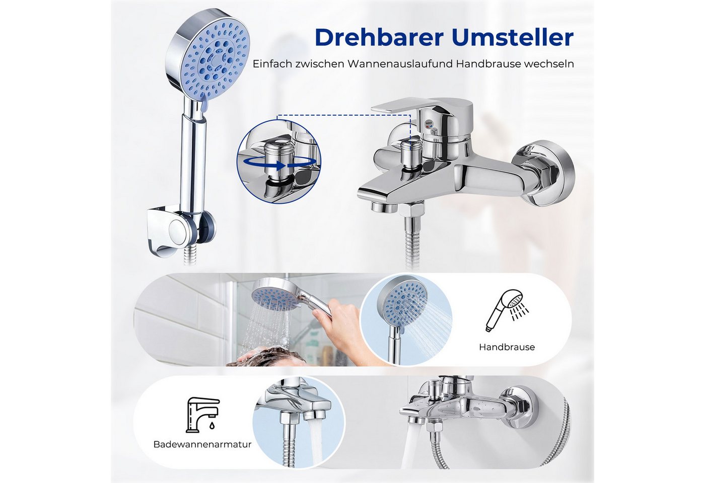AKKEE Wannenarmatur Badewannenarmatur mit Handbrause Badewannen Amaturen Set 5 Funktionen Messing Duscharmatur Wasserhahn, Edelstahl, Chrom Bild 5
