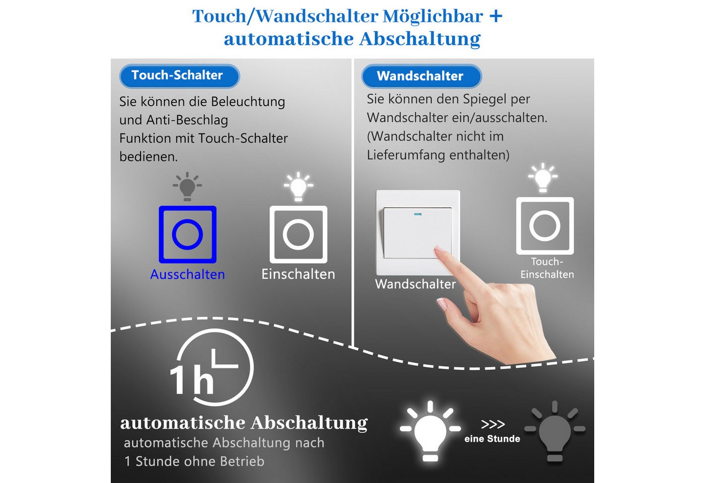 duschspa Badspiegel 50-160 cm Touch Wandschalter Warmweiß, Beschlagfrei