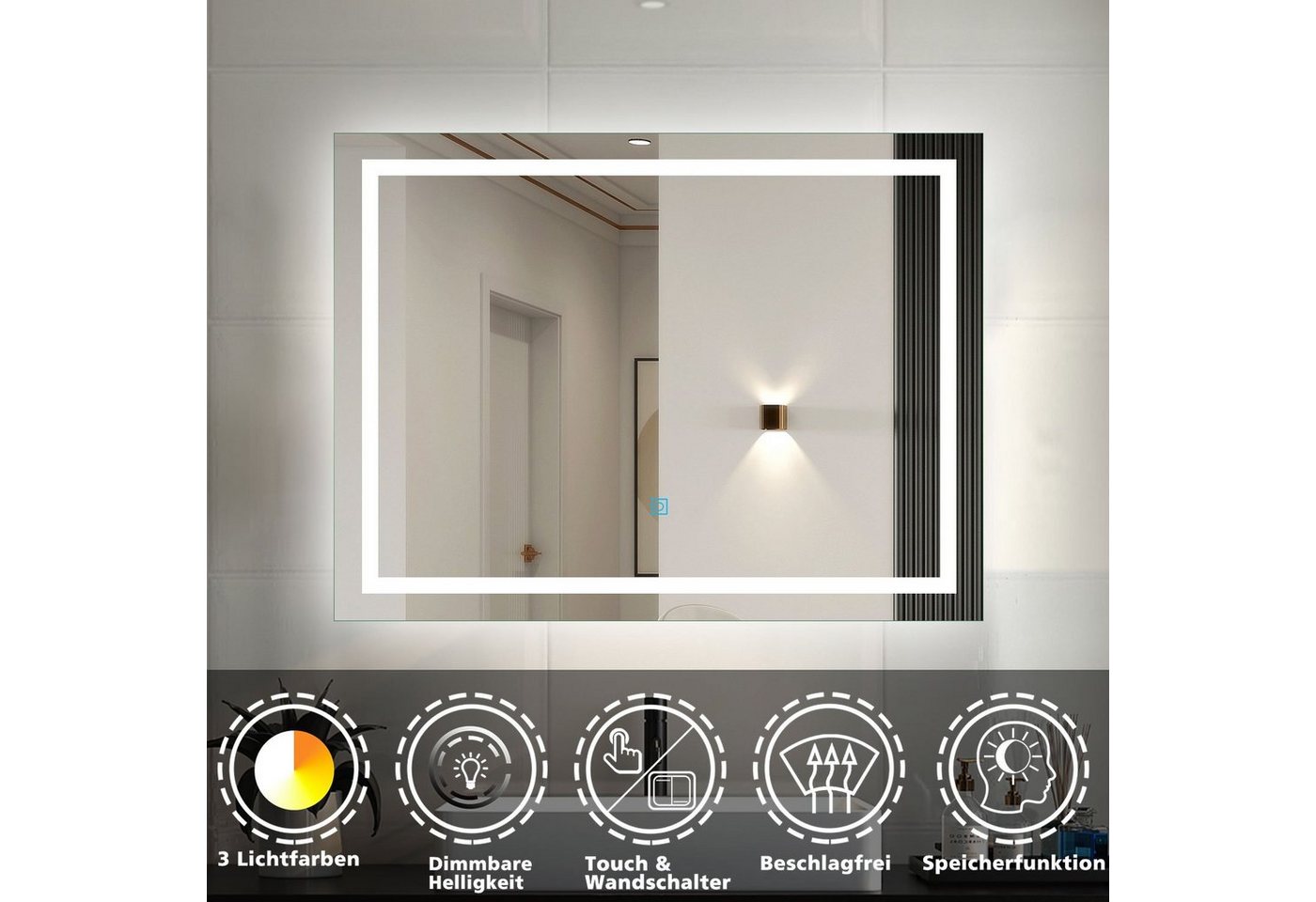 duschspa Badspiegel 50-160 cm Touch Wandschalter Warmweiß, Beschlagfrei Bild 5