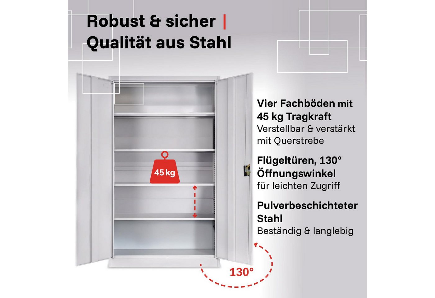 LagerZwei Aktenschrank Stahlschrank 195x100x50 cm (Packung, 2-St., 2er-Set) 3-fach verriegelt, 4 Böden, bis 60 Ordner, Flügeltüren 130°