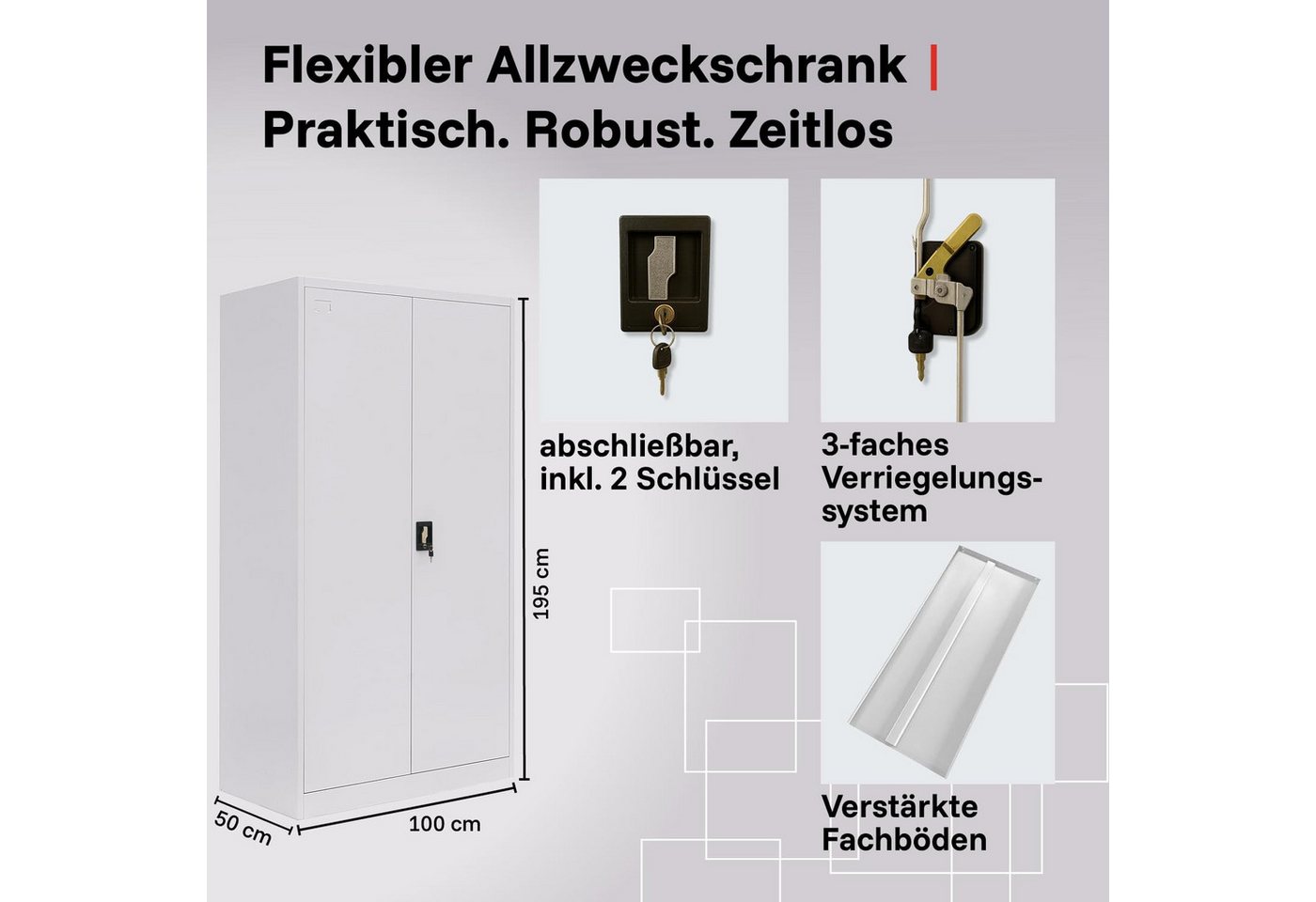 LagerZwei Aktenschrank Stahlschrank 195x100x50 cm (Packung, 2-St., 2er-Set) 3-fach verriegelt, 4 Böden, bis 60 Ordner, Flügeltüren 130° Bild 3