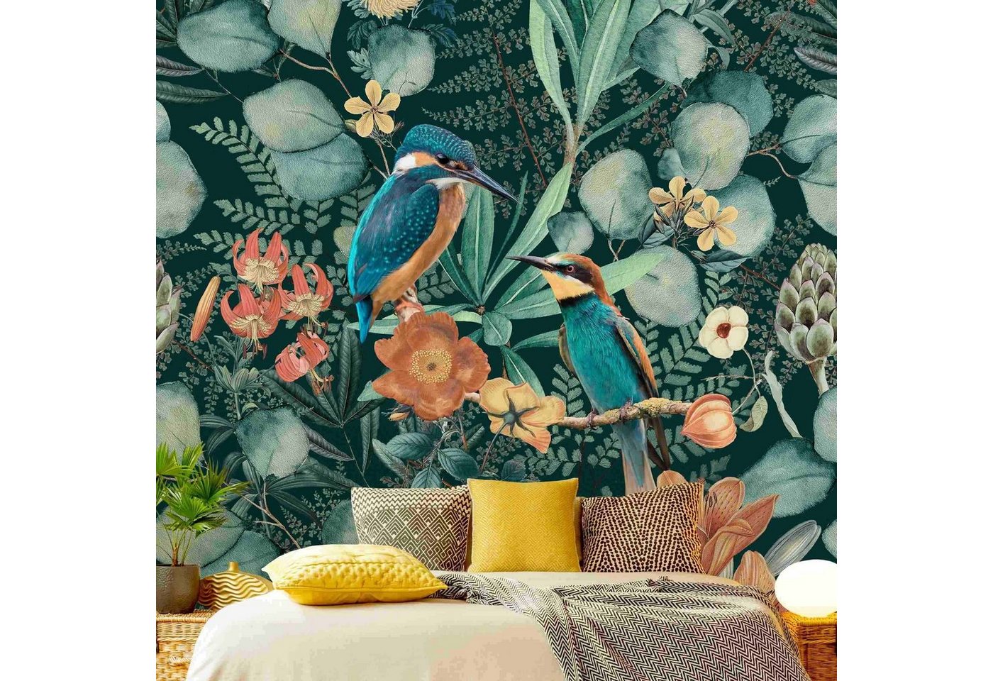 Bilderdepot24 Vliestapete Vintage Blumenparadies Eisvogel Kolibri Natur Dschungel Tropisch Tiere, Glatt, Matt, (Vliestapete inkl. Kleister oder selbstklebend), Wohnzimmer Schlafzimmer Küche Flur Fototapete Motivtapete Wandtapete