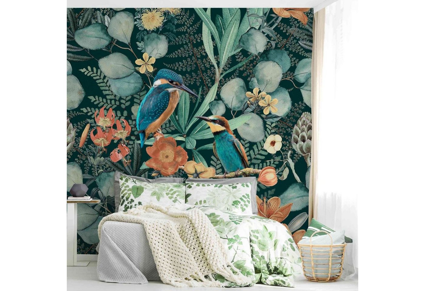 Bilderdepot24 Vliestapete Vintage Blumenparadies Eisvogel Kolibri Natur Dschungel Tropisch Tiere, Glatt, Matt, (Vliestapete inkl. Kleister oder selbstklebend), Wohnzimmer Schlafzimmer Küche Flur Fototapete Motivtapete Wandtapete Bild 3