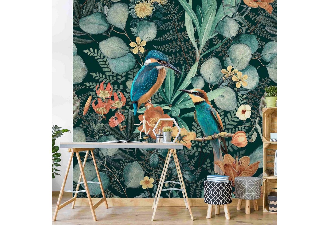 Bilderdepot24 Vliestapete Vintage Blumenparadies Eisvogel Kolibri Natur Dschungel Tropisch Tiere, Glatt, Matt, (Vliestapete inkl. Kleister oder selbstklebend), Wohnzimmer Schlafzimmer Küche Flur Fototapete Motivtapete Wandtapete Bild 4