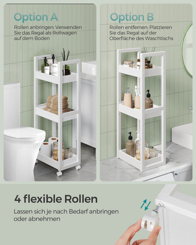 SONGMICS Badregal Rollwagen Badregal auf Rollen mit 3 Ebenen, 20 x 30 x 80 cm, Bambus, schmal, platzsparend, Badezimmerregal, Regal