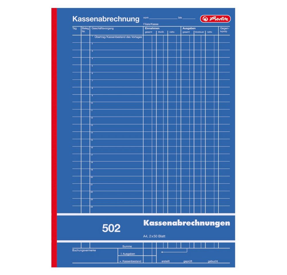Herlitz Geschäftspapier Herlitz Kassenabrechnungsbuch 502 / Kassenbuch / A4 / 2x 50 Blatt