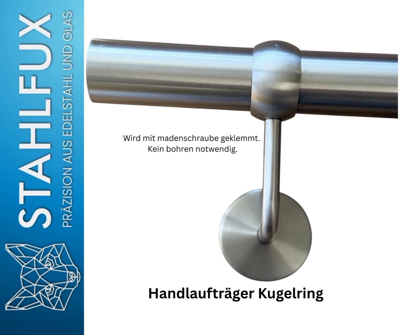 StahlFux Handlauf Edelstahlgeländer Treppenhandlauf Wandhandlauf, 30 cm Gesamtlänge, (Spar-Set, 1 St., Länge von 30 bis 450 cm), 90°-Wandhalter mit Kugelring sorgt für sicheren Halt
