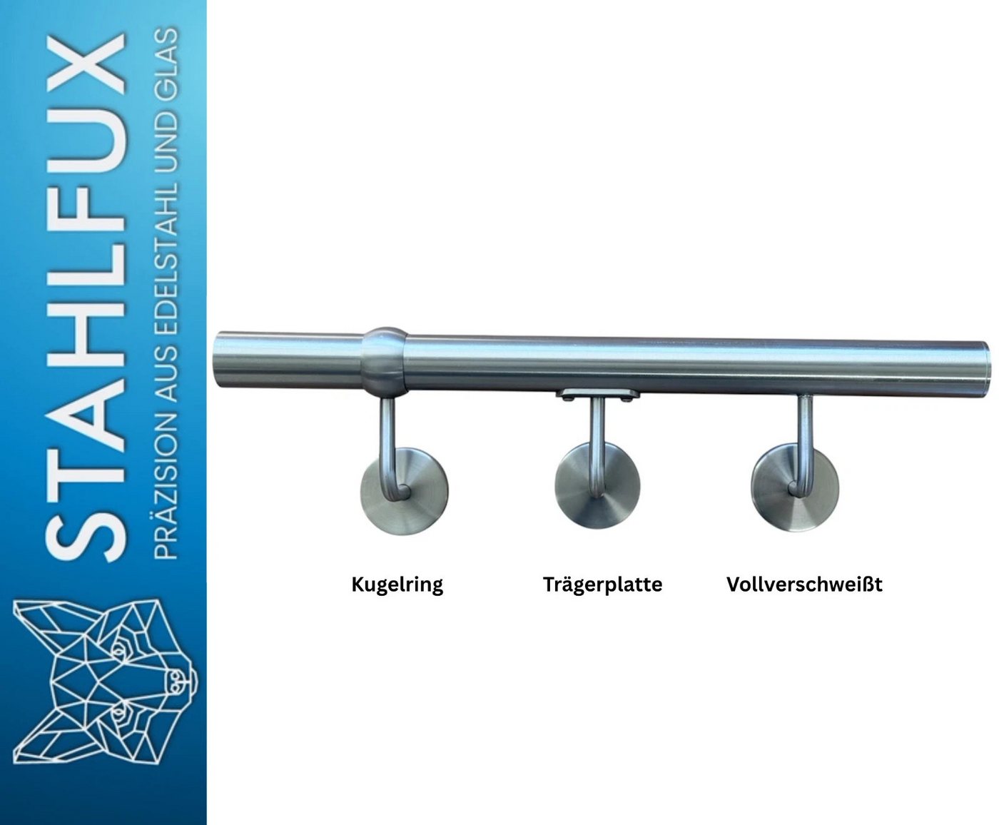 StahlFux Handlauf Edelstahlgeländer Treppenhandlauf Wandhandlauf, 30 cm Gesamtlänge, (Spar-Set, 1 St., Länge von 30 bis 450 cm), 90°-Wandhalter mit Kugelring sorgt für sicheren Halt Bild 2