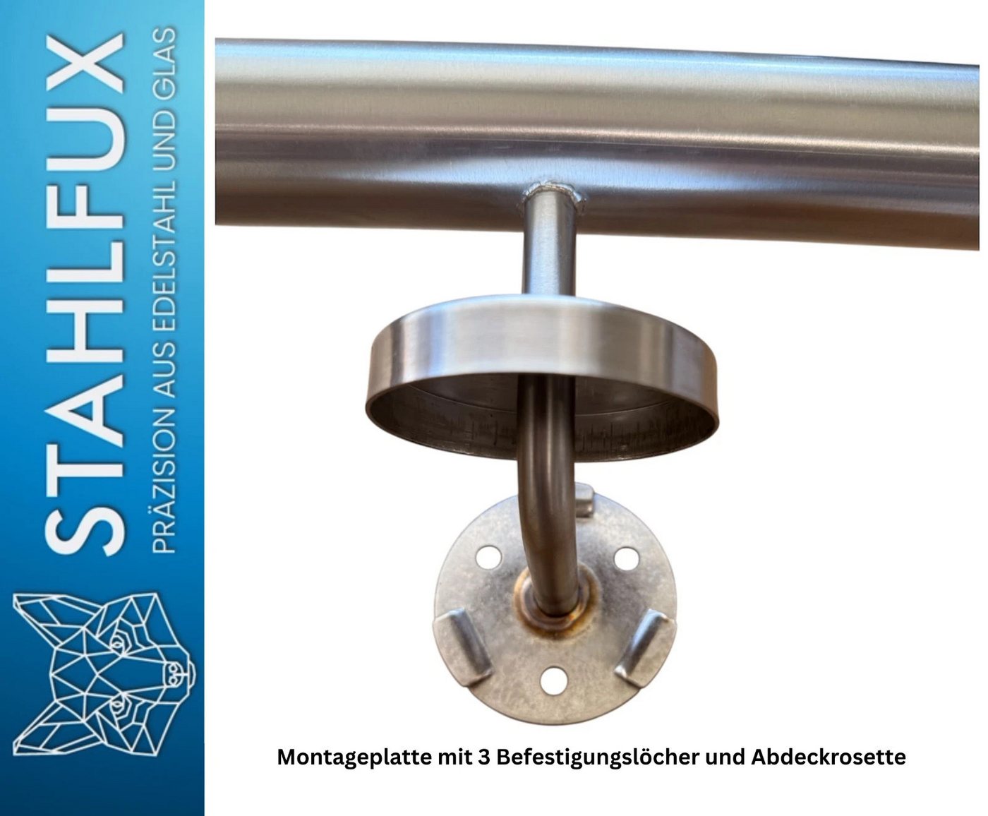 StahlFux Handlauf Edelstahlgeländer Treppenhandlauf Wandhandlauf, 30 cm Gesamtlänge, (Spar-Set, 1 St., Länge von 30 bis 450 cm), 90°-Wandhalter mit Kugelring sorgt für sicheren Halt Bild 5
