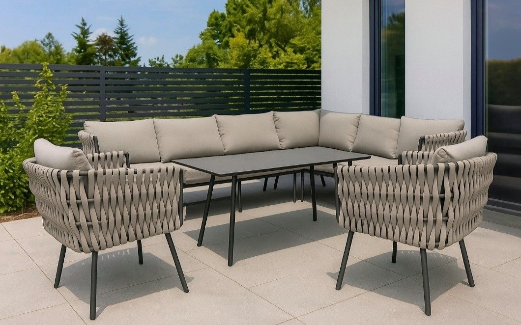 Gardissimo Gartenlounge-Set Abby rechts taupe Rope Dining Gartenmöbelset, (Set, 4-tlg., Alu, Ecklounge, Esstisch, 2 Sessel, inkl. Auflagen), wetterfest / Bezüge waschbar / Aluminium Bild 4