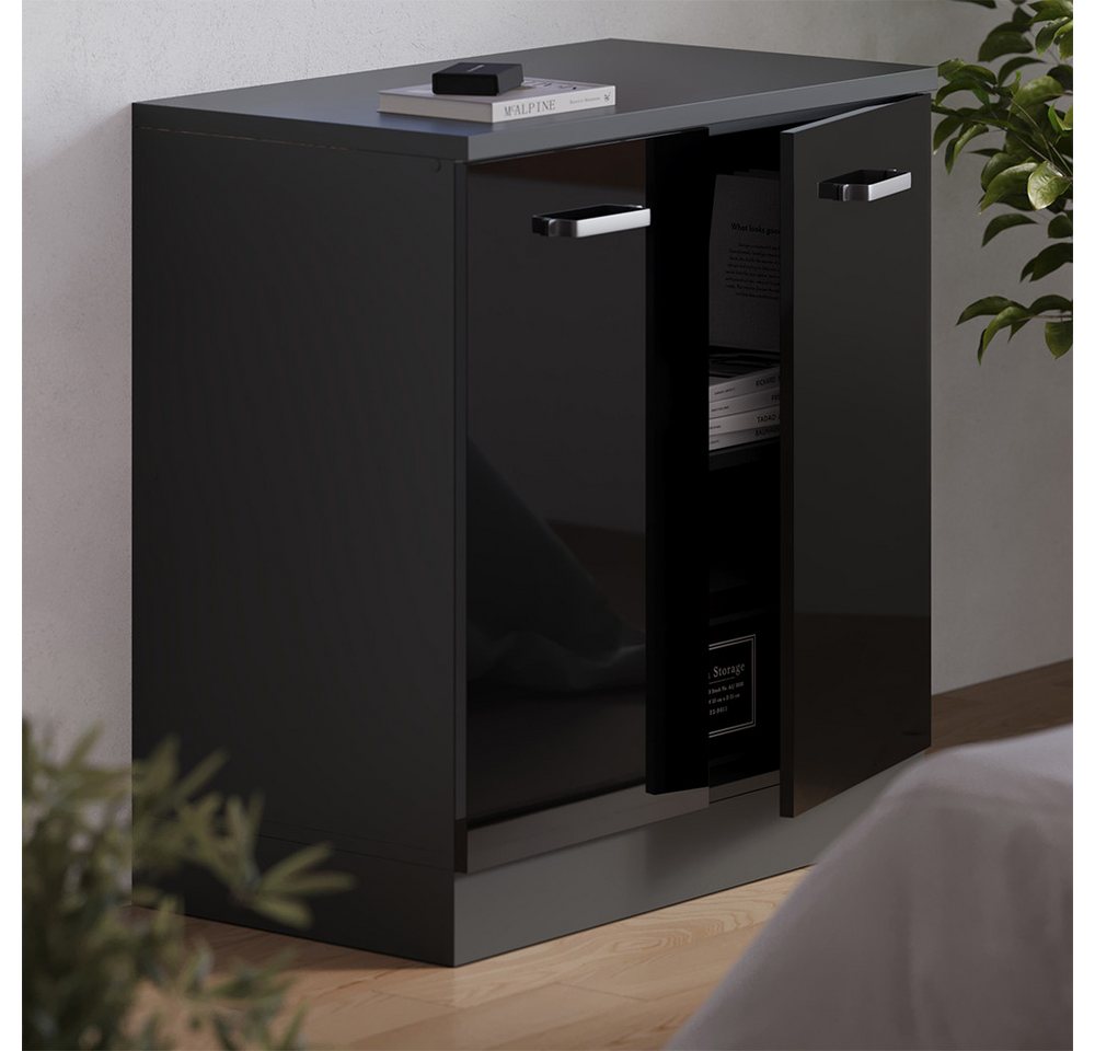 Vicco Unterschrank R-Line, Schwarz Hochglanz, 80 cm ohne Schräge mit 2 Türen