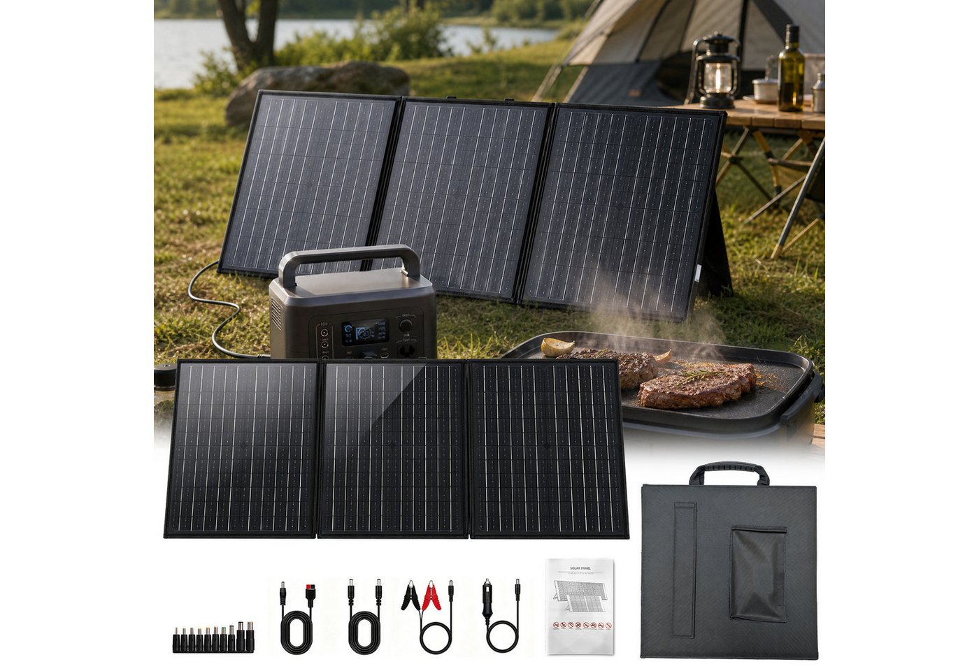 Rhein Beleuchtung Solarmodul 100W Solarpanel faltbar – Tragbares Solarmodul mit 3-fach Faltung, 100 W, monokristallines Silizium, (1-St., Für Powerstation, Camping, Wohnmobil & Outdoor-Stromversorgung), Monokristallin, 23,5% Wirkungsgrad & mehrere Anschlüsse Bild 4