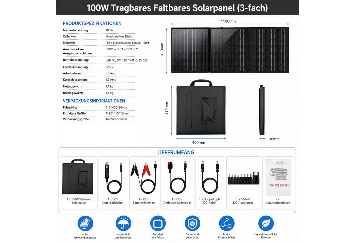 Rhein Beleuchtung Solarmodul 100W Solarpanel faltbar – Tragbares Solarmodul mit 3-fach Faltung, 100 W, monokristallines Silizium, (1-St., Für Powerstation, Camping, Wohnmobil & Outdoor-Stromversorgung), Monokristallin, 23,5% Wirkungsgrad & mehrere Anschlüsse Bild 5