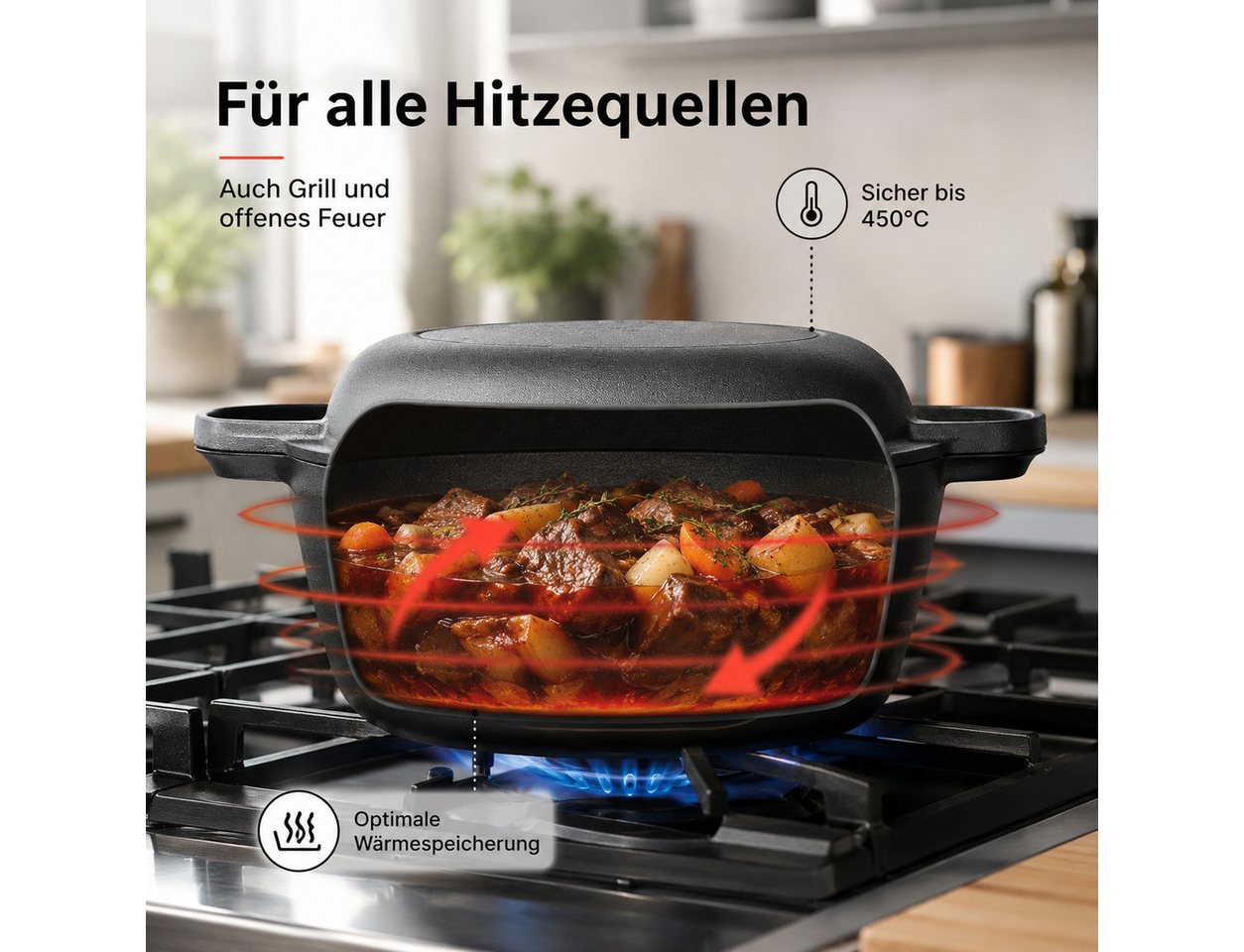 GLIESE POWER Brotbackform 26 cm Gusseisen – 2-in-1 Topf & Deckel, 450°C, für alle Herdarten, Backöfen & Grills, Temperaturbeständig bis 450°C