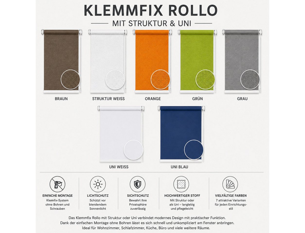 Seitenzugrollo Rollo für Fenster ohne Bohren Klemmfix, Plisseeonline, blickdicht, Klemmfix, freihängend, Klemmfix
