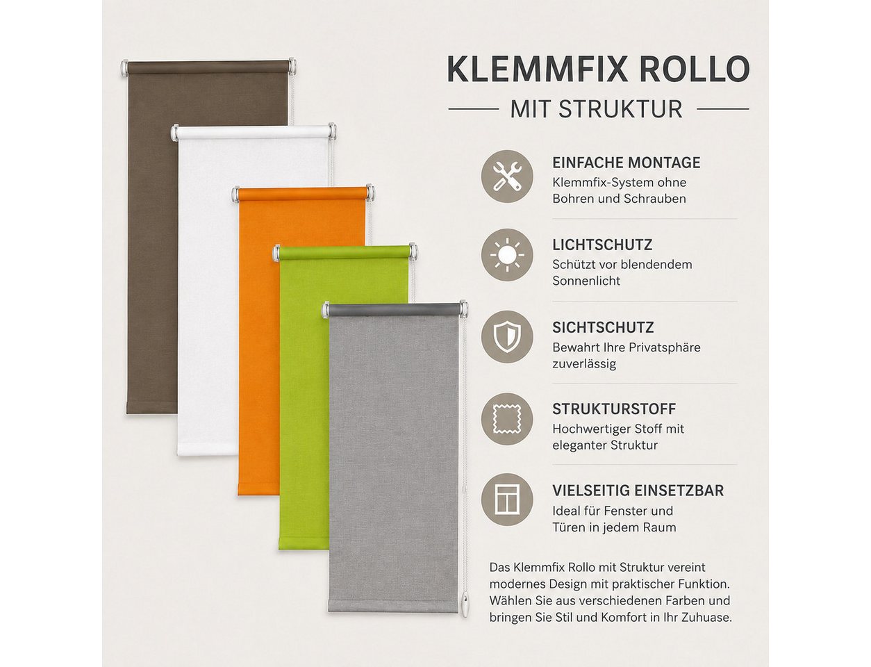 Seitenzugrollo Rollo für Fenster ohne Bohren Klemmfix, Plisseeonline, blickdicht, Klemmfix, freihängend, Klemmfix Bild 4
