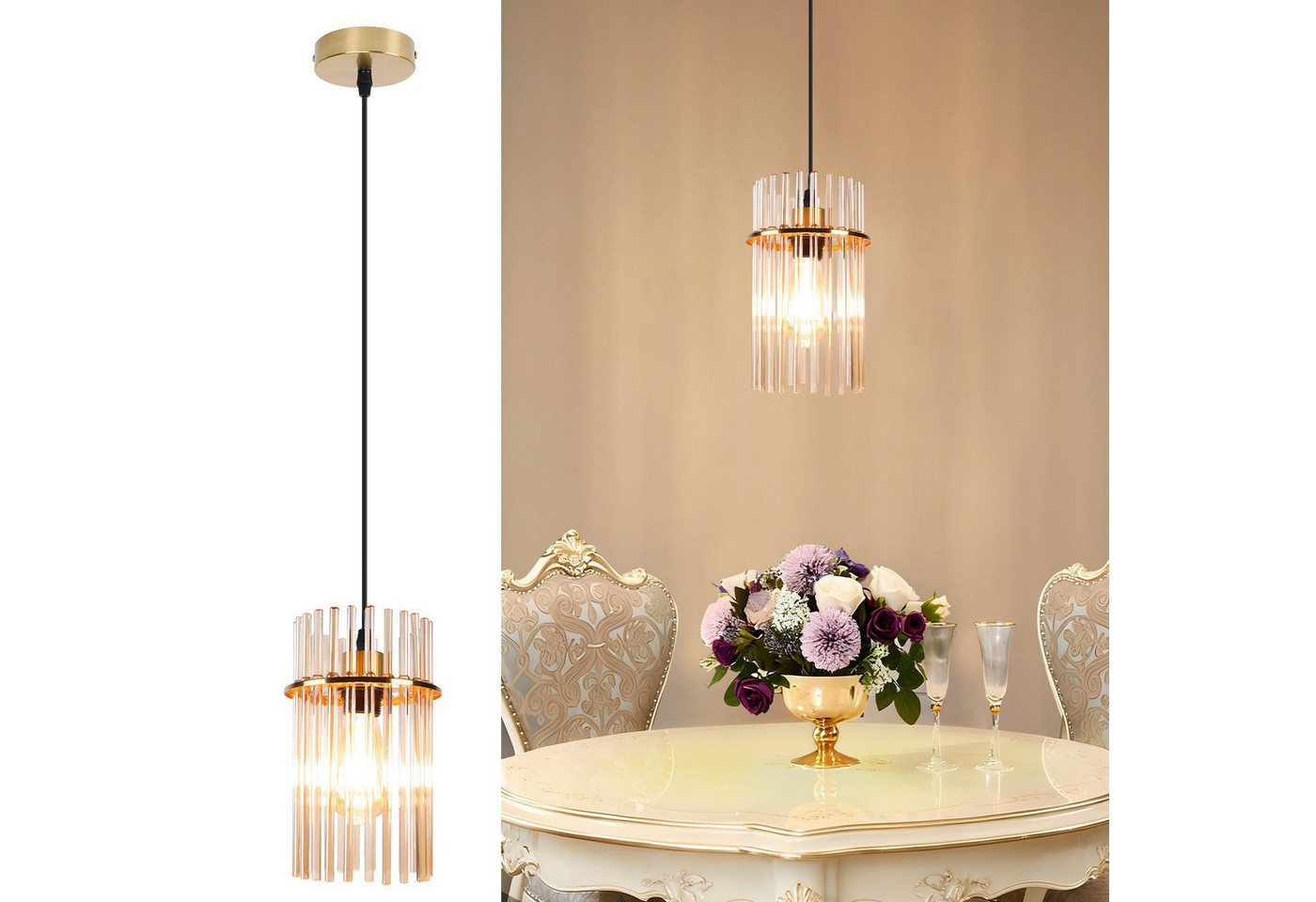 Nettlife Pendelleuchte Glas Esstisch 1/2/3/5 Flammig Modern Schwarz/Gold Ø 60cm E27, ohne Leuchtmittel, Esstischlampe für Wohnzimmer Küche Bild 3