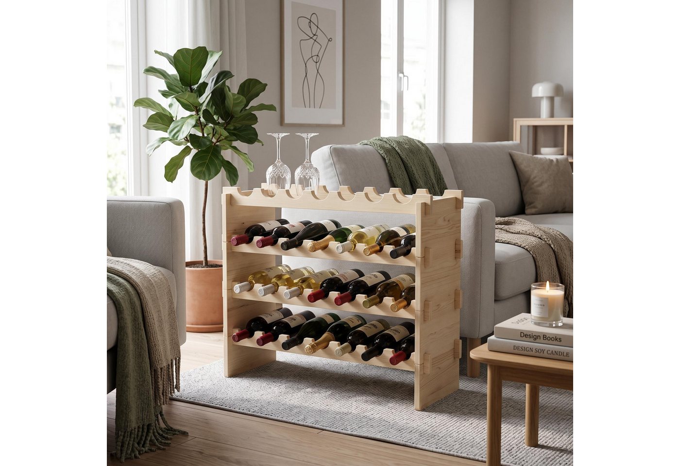 GarveeMore Weinregal aus Kiefernholz(weich zur Flasche, stark im Keller), stehend, 1,5 cm Dicke, 4-12 Ebenen, Belastbarkeit pro Etage: max. 10 kg, Natur Bild 2