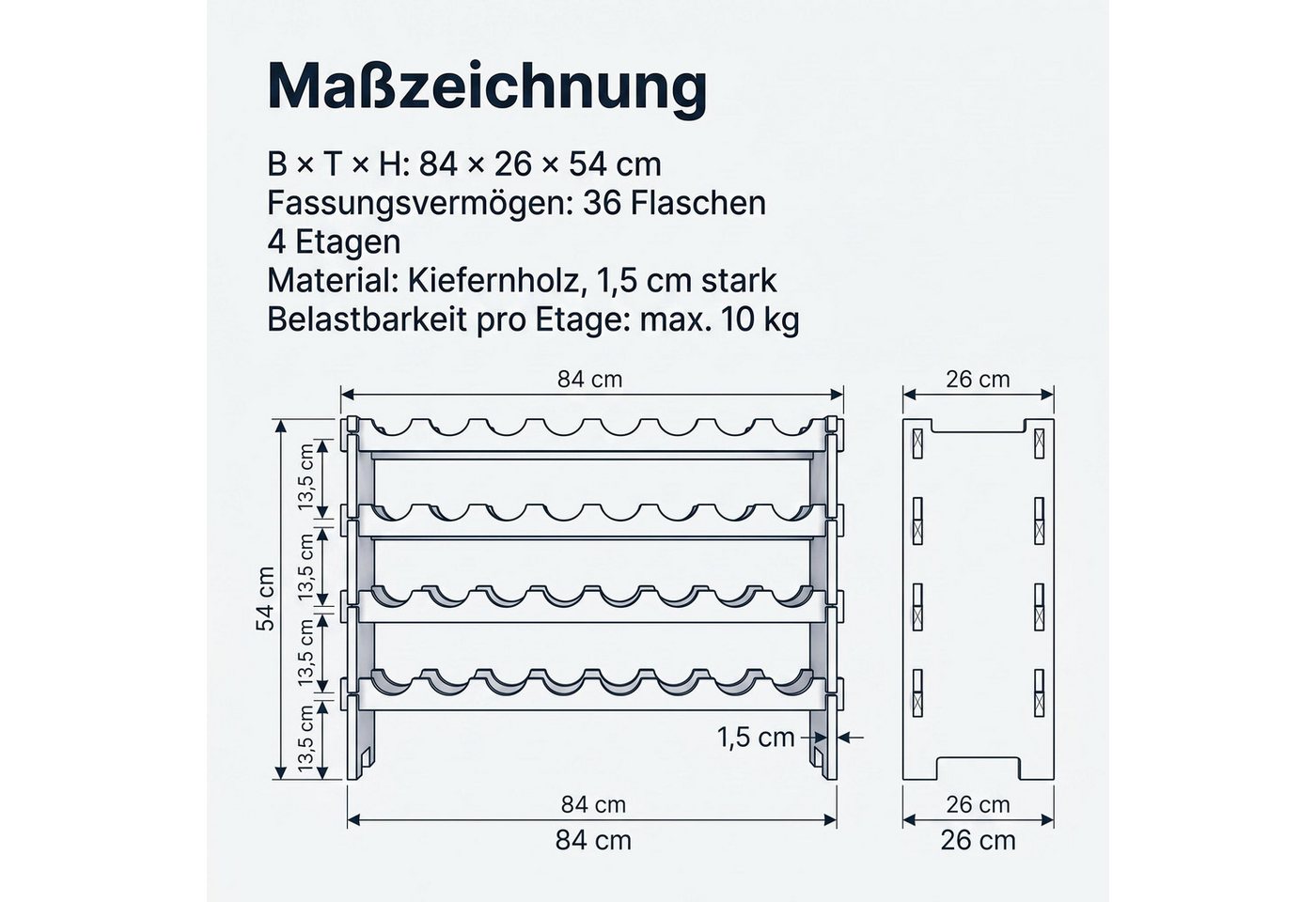 GarveeMore Weinregal aus Kiefernholz(weich zur Flasche, stark im Keller), stehend, 1,5 cm Dicke, 4-12 Ebenen, Belastbarkeit pro Etage: max. 10 kg, Natur Bild 3