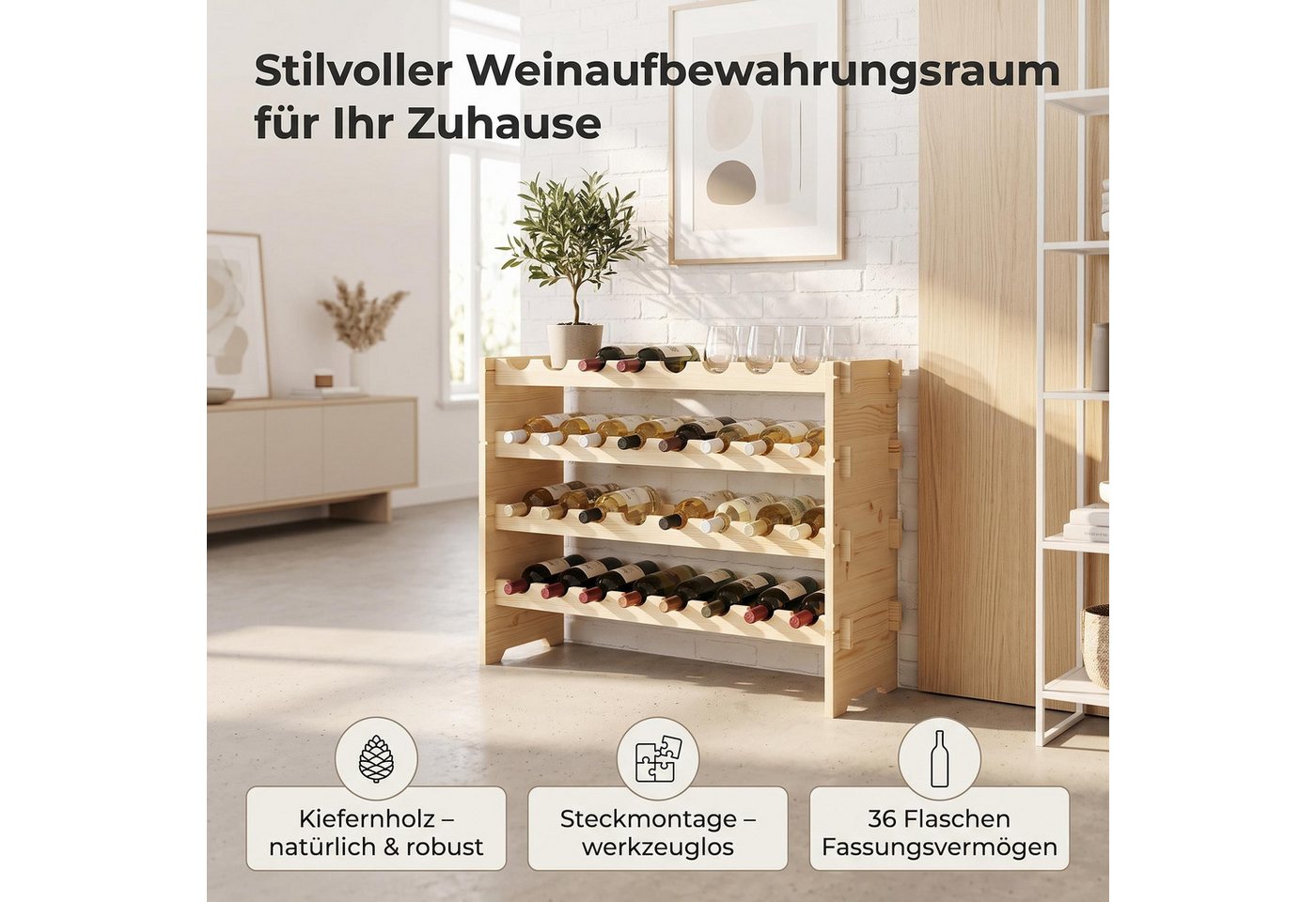 GarveeMore Weinregal aus Kiefernholz(weich zur Flasche, stark im Keller), stehend, 1,5 cm Dicke, 4-12 Ebenen, Belastbarkeit pro Etage: max. 10 kg, Natur Bild 5