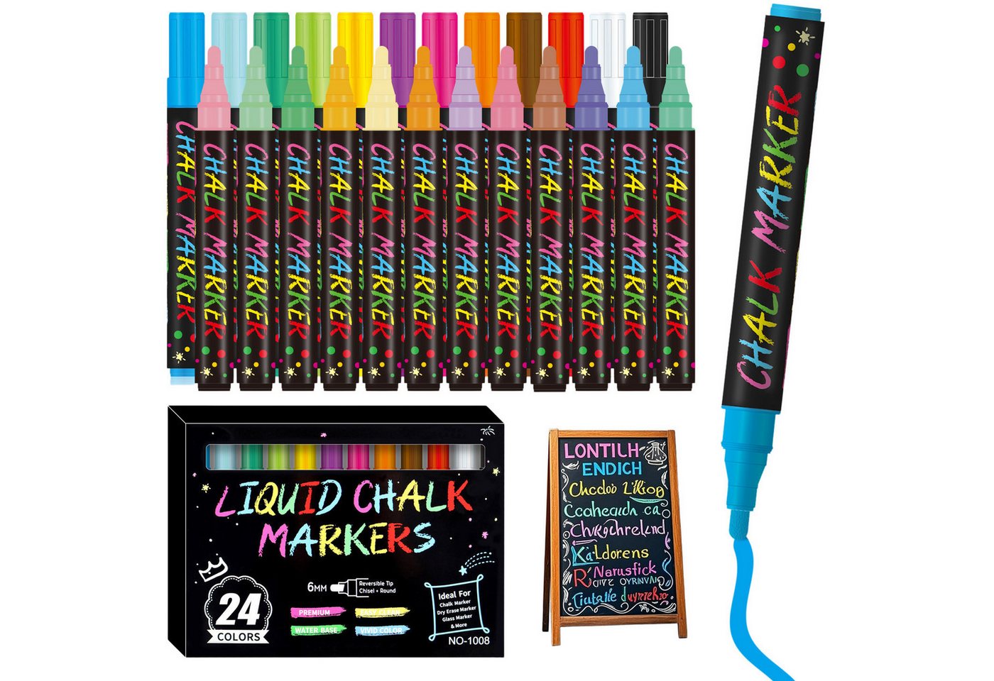 FOUORTUNATE-BEE Whiteboard Marker Flüssigkreidestifte Abwischbar 6 mm für Glas Tafel Whiteboard Set, (24-tlg), Fensterstifte für Schule Café DIY Deko Hochzeit und Kreativprojekte Bild 4
