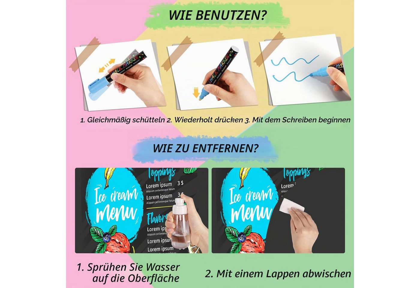 FOUORTUNATE-BEE Whiteboard Marker Flüssigkreidestifte Abwischbar 6 mm für Glas Tafel Whiteboard Set, (24-tlg), Fensterstifte für Schule Café DIY Deko Hochzeit und Kreativprojekte Bild 5