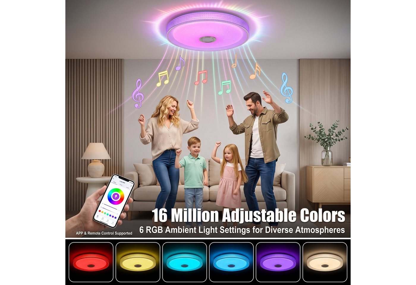 oyajia Deckenleuchte 55W LED Deckenlampe mit Bluetooth Lautsprecher, RGB Fernbedienung APP, 50 CM, LED fest integriert, Kaltweiß+Naturweiß+Warmweiß+RGB, mit RGB Farbwechsel für Schlafzimmer Wohnzimmer Kinderzimmer Hotel