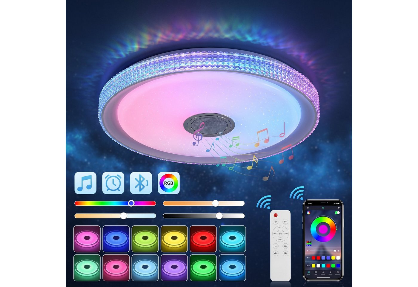oyajia Deckenleuchte 55W LED Deckenlampe mit Bluetooth Lautsprecher, RGB Fernbedienung APP, 50 CM, LED fest integriert, Kaltweiß+Naturweiß+Warmweiß+RGB, mit RGB Farbwechsel für Schlafzimmer Wohnzimmer Kinderzimmer Hotel Bild 2