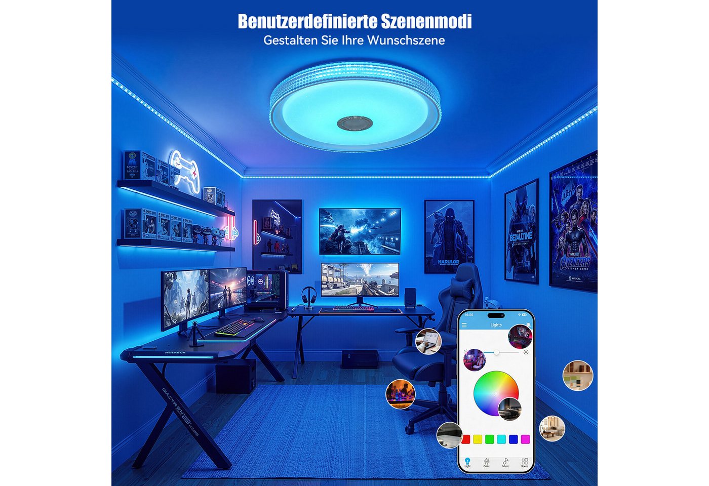 oyajia Deckenleuchte 55W LED Deckenlampe mit Bluetooth Lautsprecher, RGB Fernbedienung APP, 50 CM, LED fest integriert, Kaltweiß+Naturweiß+Warmweiß+RGB, mit RGB Farbwechsel für Schlafzimmer Wohnzimmer Kinderzimmer Hotel Bild 3