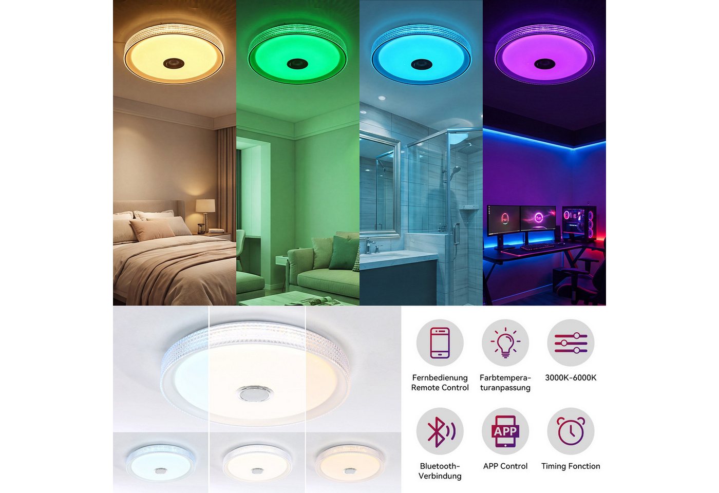 oyajia Deckenleuchte 55W LED Deckenlampe mit Bluetooth Lautsprecher, RGB Fernbedienung APP, 50 CM, LED fest integriert, Kaltweiß+Naturweiß+Warmweiß+RGB, mit RGB Farbwechsel für Schlafzimmer Wohnzimmer Kinderzimmer Hotel Bild 5