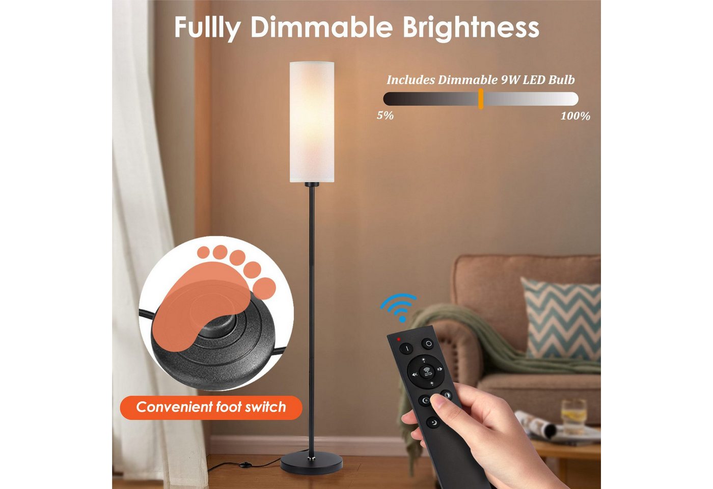 Ophy Stehlampe Stehlampe modern mit Fernbedienung – dimmbar, Fußschalter, inkl. 9 W LED, für Wohnzimmer & Raumecken Bild 3