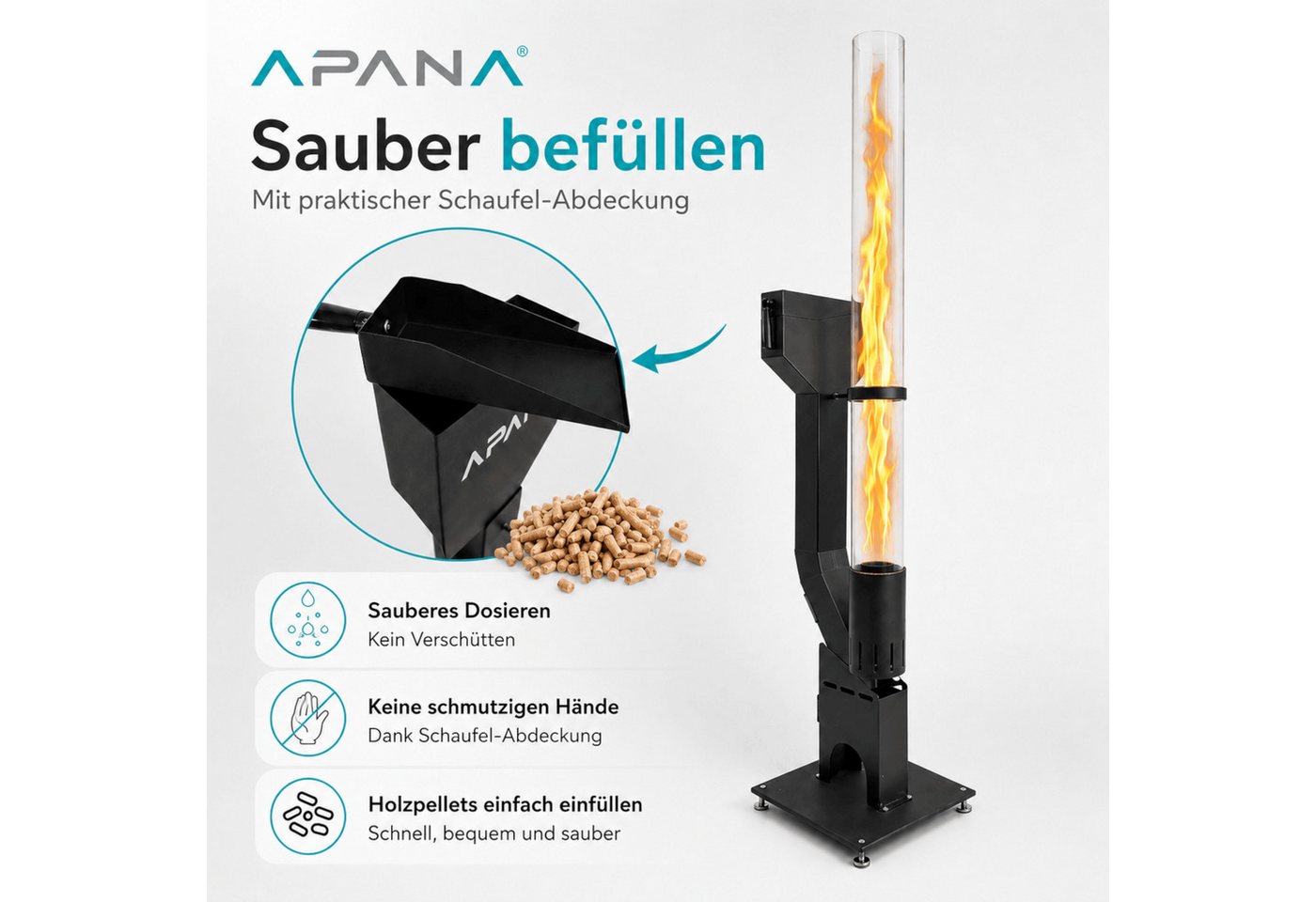 APANA Heizstrahler Pelletfackel FLAME Feuerrohr Holzpellets Feuerfackel Gartenfackel, mit sichtbarer Flamme in hitzebeständiger Glasröhre
