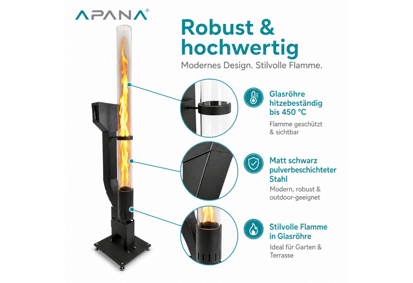 APANA Heizstrahler Pelletfackel FLAME Feuerrohr Holzpellets Feuerfackel Gartenfackel, mit sichtbarer Flamme in hitzebeständiger Glasröhre Bild 2