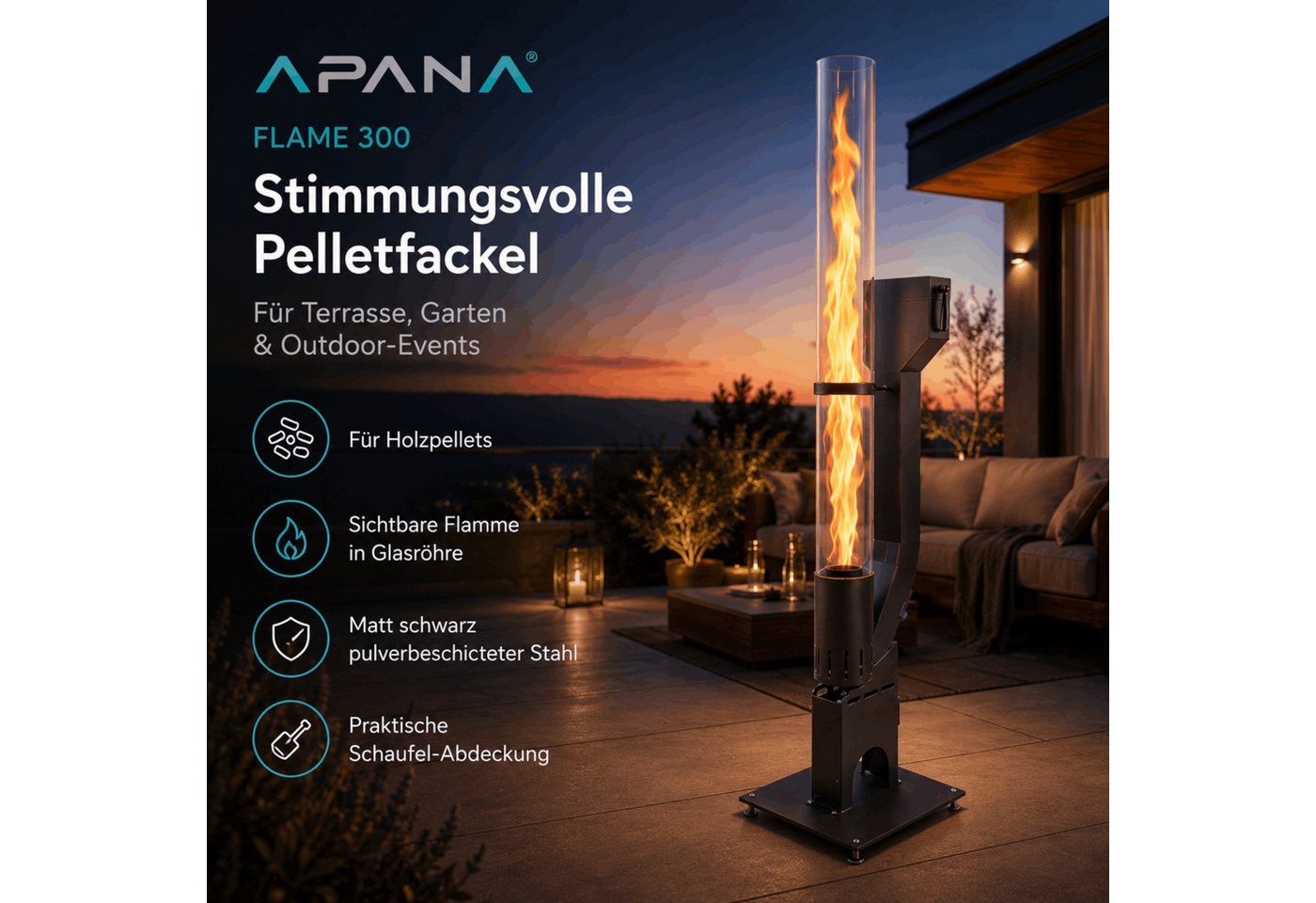 APANA Heizstrahler Pelletfackel FLAME Feuerrohr Holzpellets Feuerfackel Gartenfackel, mit sichtbarer Flamme in hitzebeständiger Glasröhre Bild 3